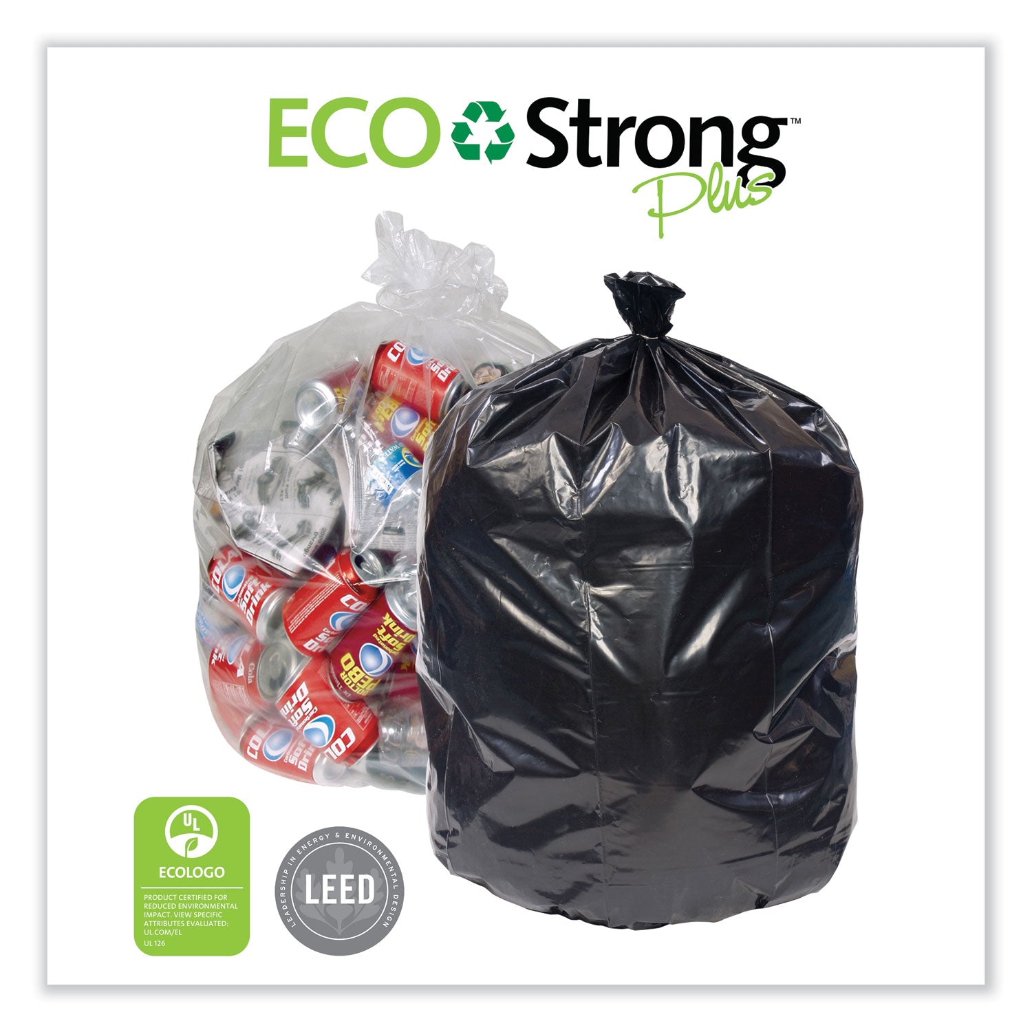 Eco Strong Plus Can Liners, 33 gal, 1 mil, 33" x 39", Black, Perforated Roll, 150/Carton