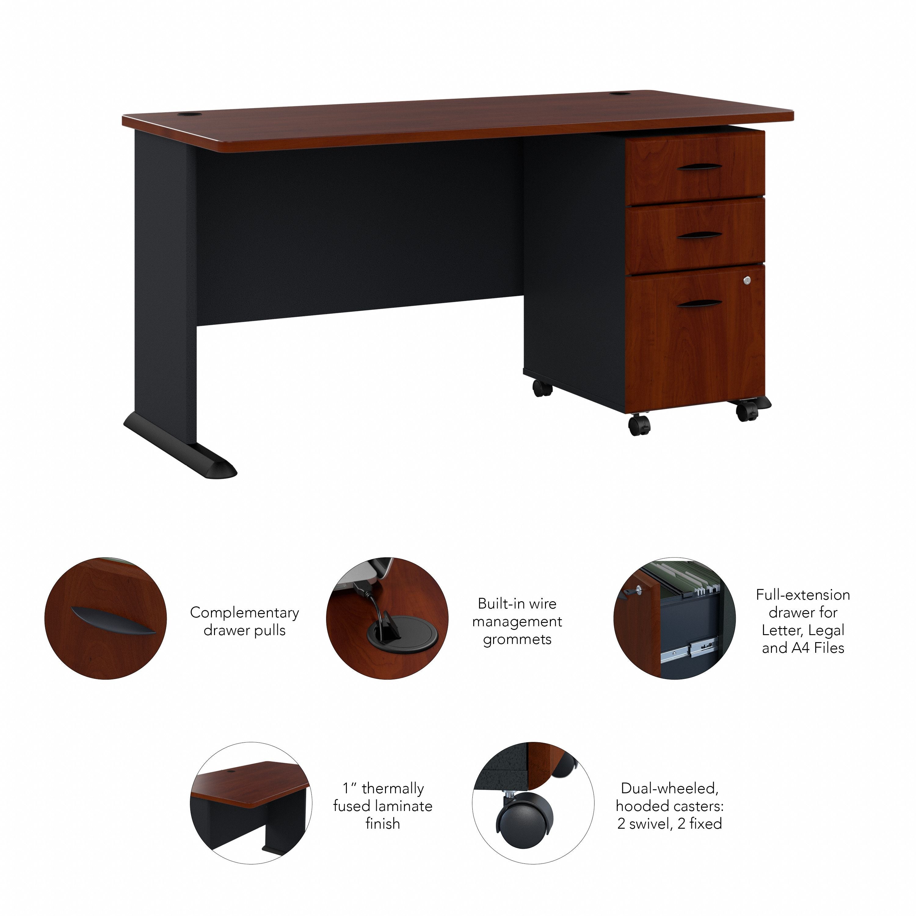 Bush Business Furniture Series A 60W Desk with Mobile File Cabinet in Hansen Cherry and Galaxy - 59.57" Width x 26.81" Depth x 29.66" Height