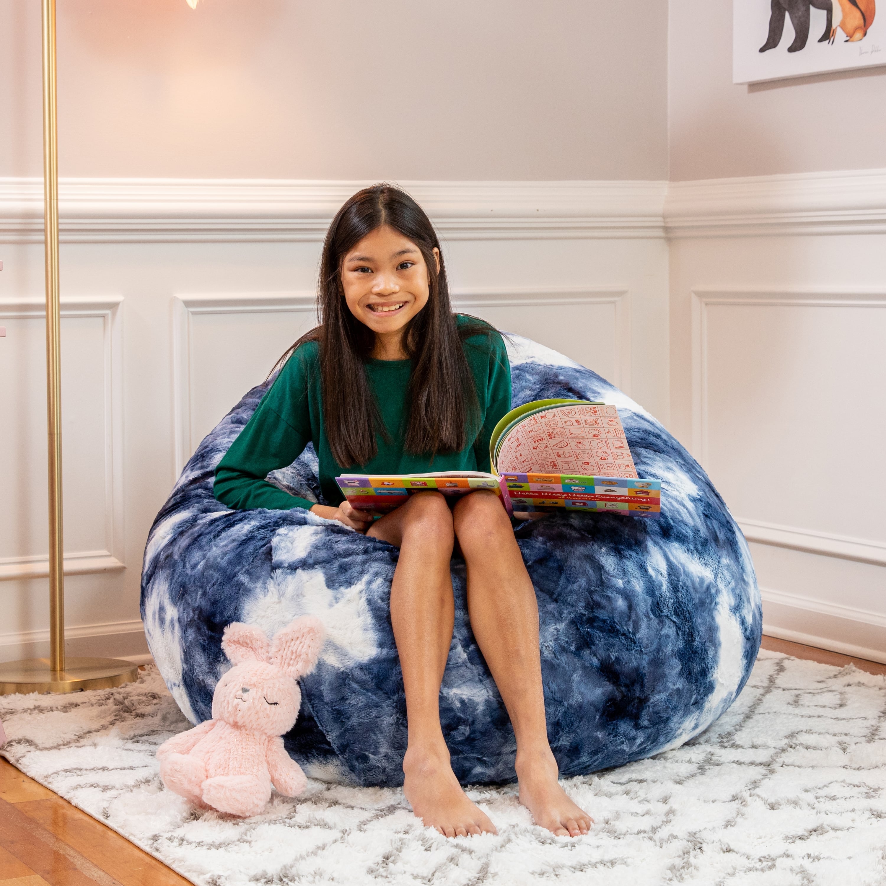 Jaxx Cocoon 4 Foot Bean Bag Chair - Faux Fur, Blue & White Print