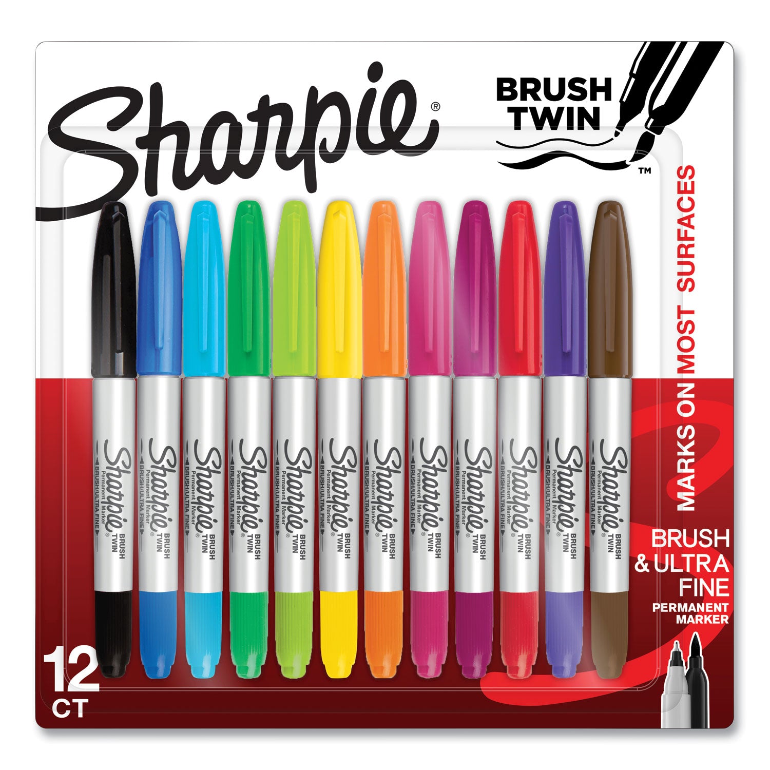 Sharpie Brush Twin Permanent Markers - Ultra Fine Brush Marker Point - Assorted Ink - 12 / Pack