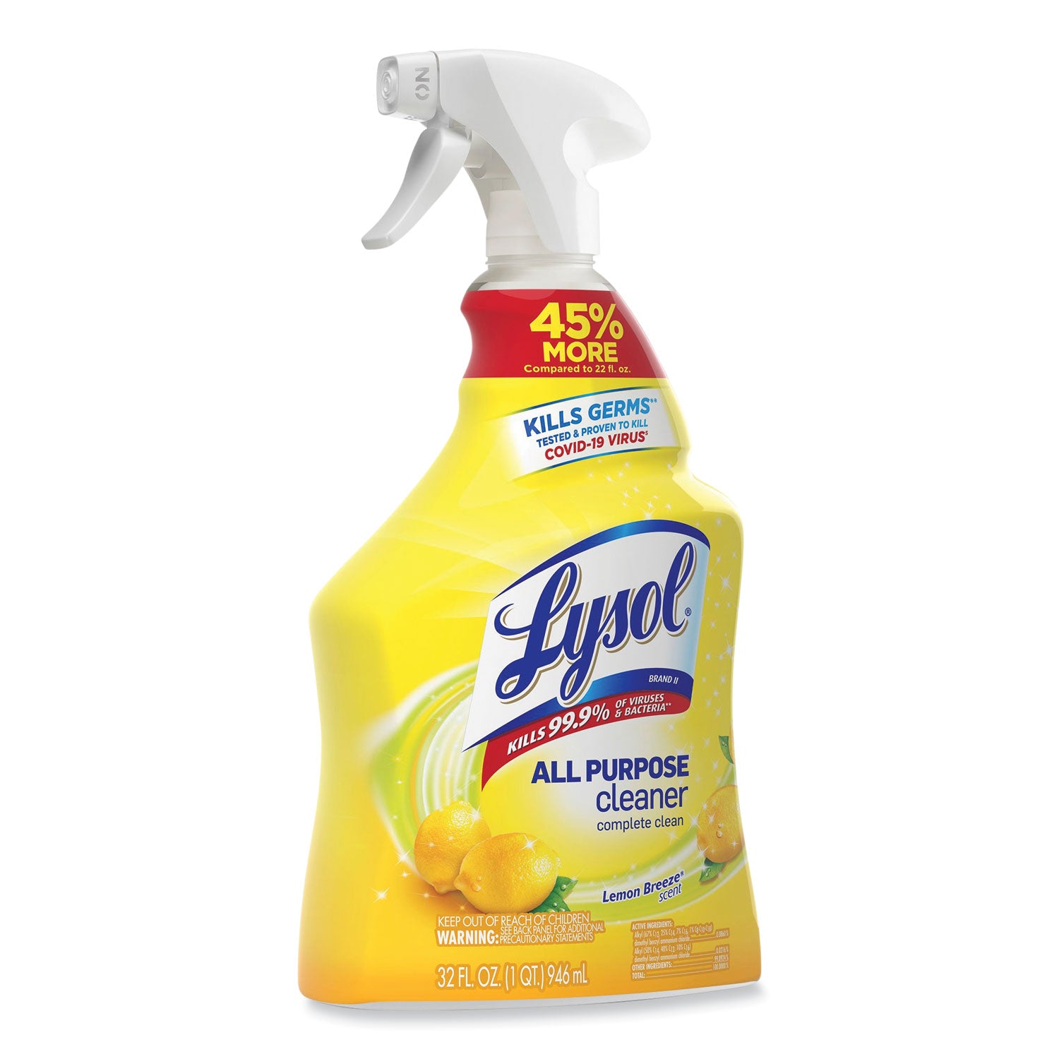 Lysol Lemon All Purpose Cleaner - Ready-To-Use - 32 fl oz (1 quart) - Lemon Breeze Scent - Recommended For: Bacteria Remover, Grease Remover - Deodorize, Disinfectant - Yellow - 12 / Carton