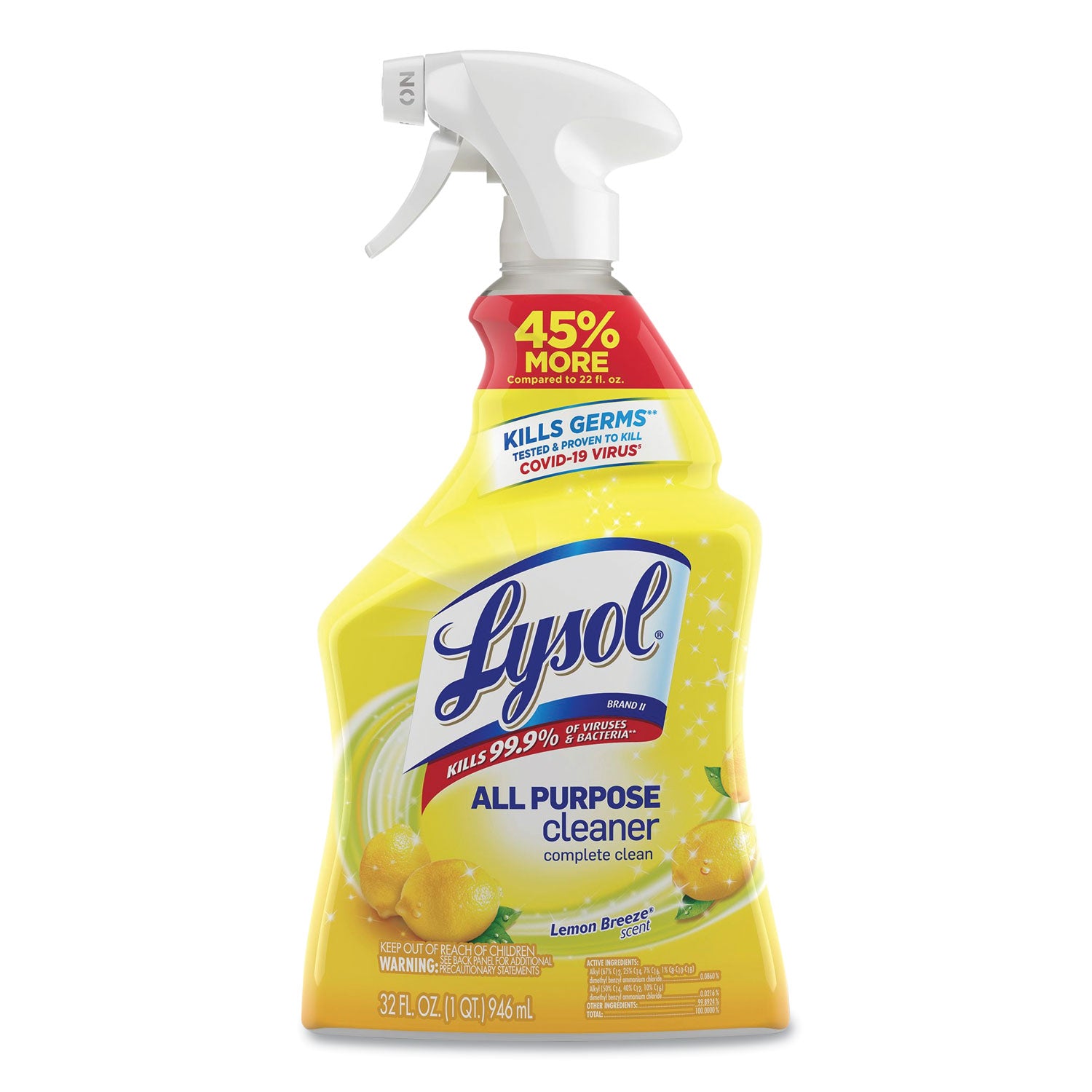 Lysol Lemon All Purpose Cleaner - Ready-To-Use - 32 fl oz (1 quart) - Lemon Breeze Scent - Recommended For: Bacteria Remover, Grease Remover - Deodorize, Disinfectant - Yellow - 12 / Carton