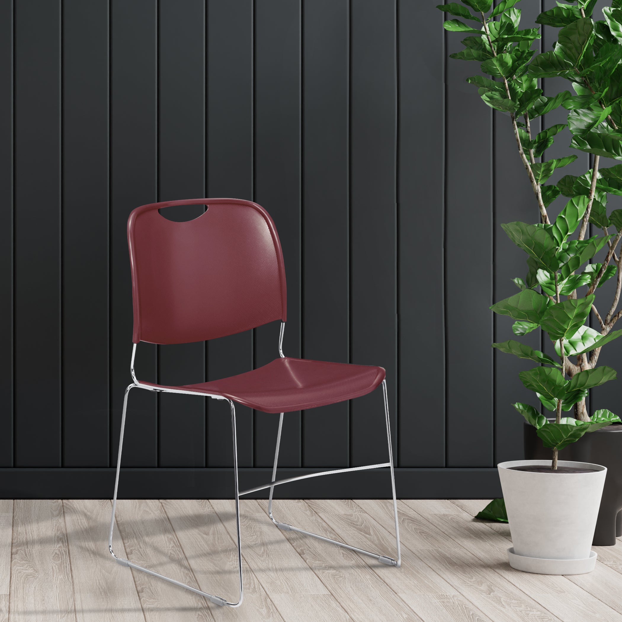 NPS® 8500 Series Ultra-Compact Plastic Stack Chair, Surface Color: Wine, Frame Color: Chrome