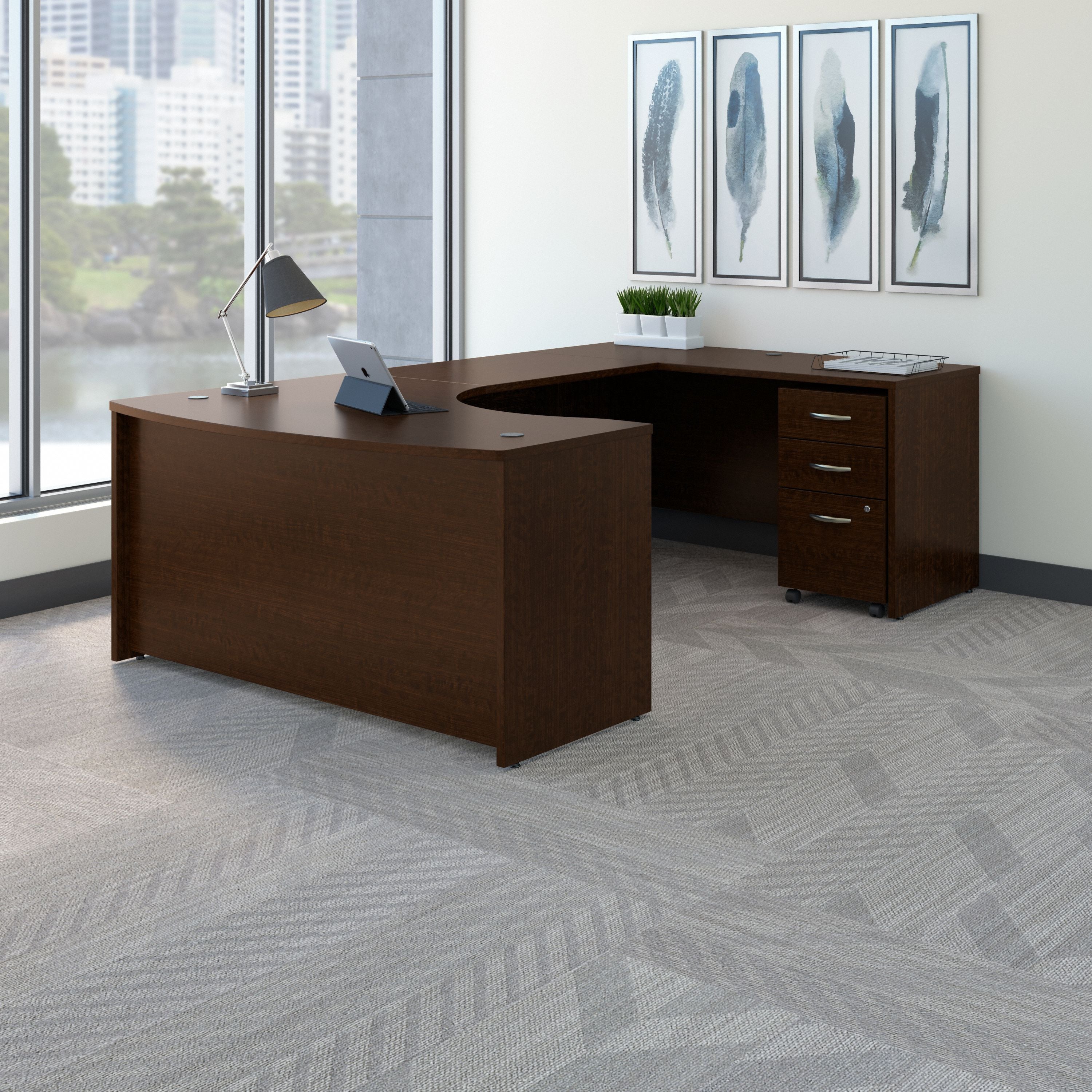 Bush Business Furniture Series C 60W Right Handed Bow Front U Shaped Desk with Mobile File Cabinet in Mocha Cherry - 59.45" Width x 101.65" Depth x 29.84" Height