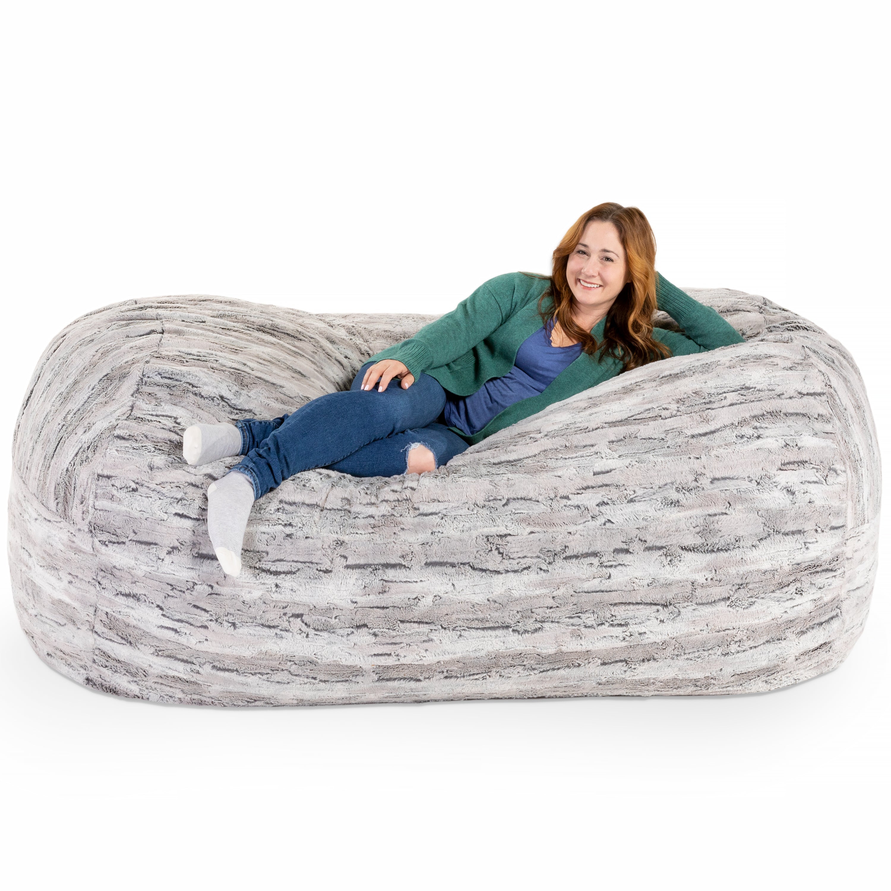 Jaxx Grand Lounger 7 Foot Bean Bag Sofa - Luxe Faux Fur, Silver Fox