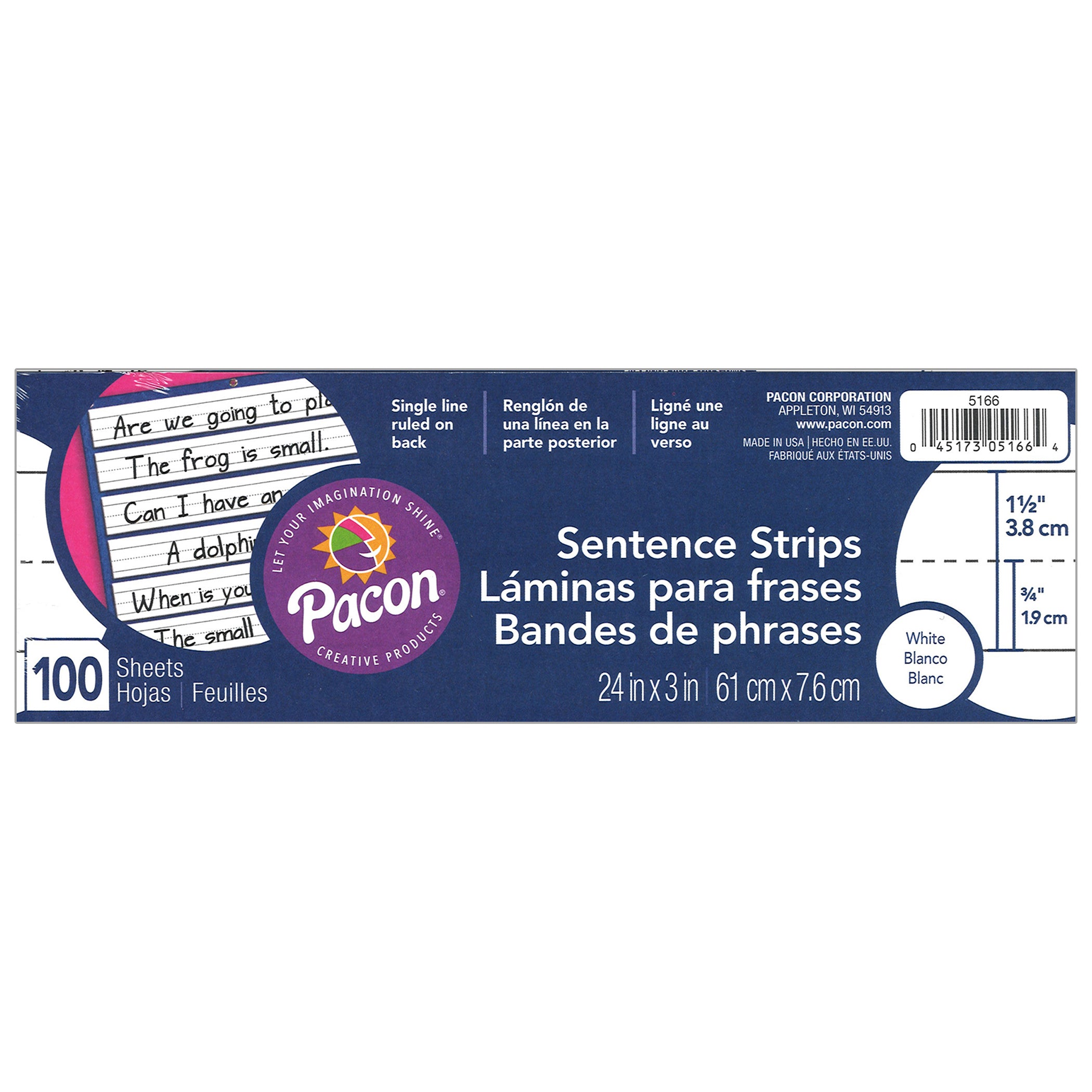 Sentence Strips, White, 1-1/2" Ruled, 3" x 24", 100 Strips