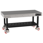 Welding Fixture Table, Fixed Height, 36"H x 72"L x 36"D, 1/4" Carbon Steel Top, Four Black Powdercoat Legs, Shelf, 4 Heavy Duty Suspension Casters (2 Locking/Swiveling Casters and 2 Non-Locking/Non-SwivelingCasters)
