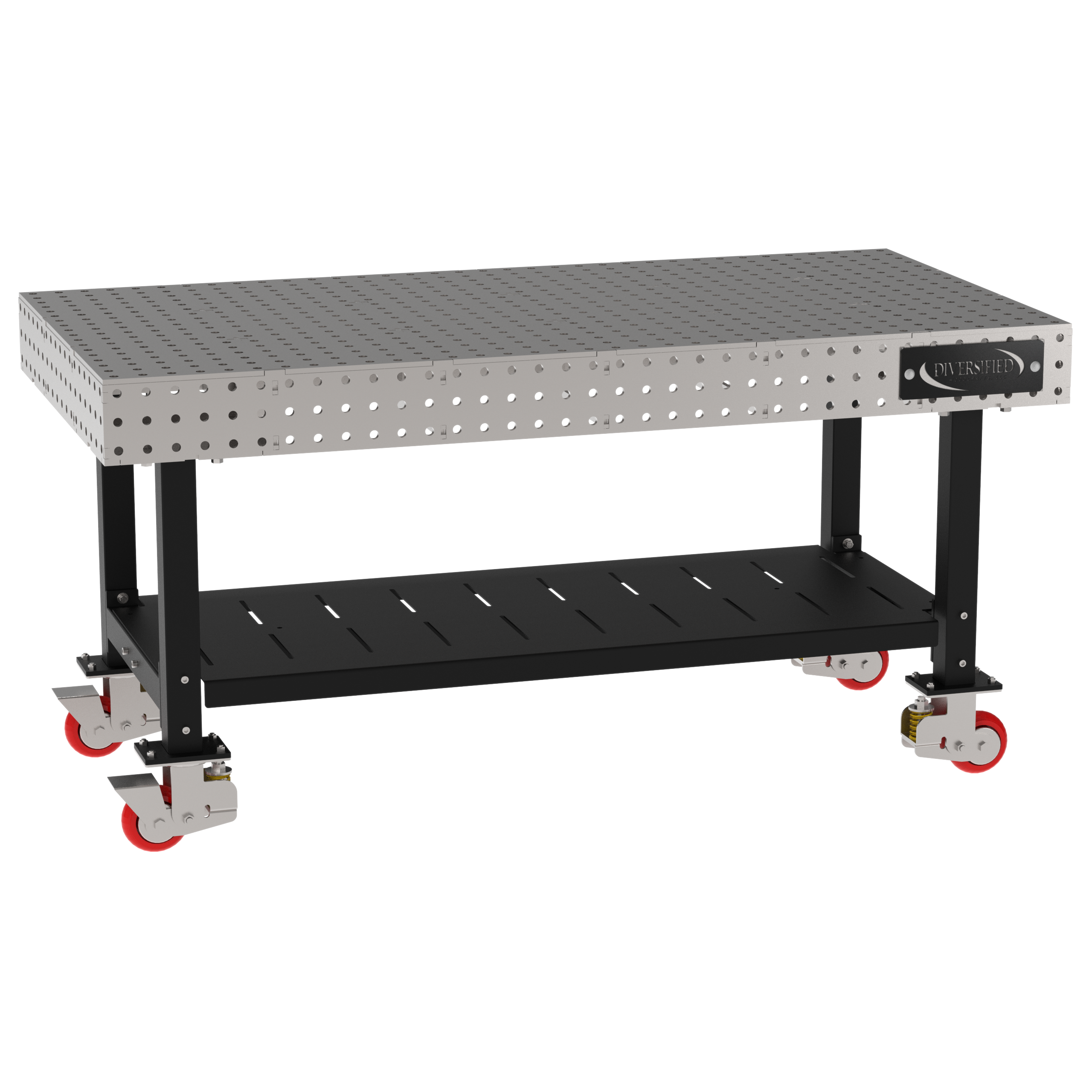 Welding Fixture Table, Fixed Height, 36"H x 72"L x 36"D, 1/4" Carbon Steel Top, Four Black Powdercoat Legs, Shelf, 4 Heavy Duty Suspension Casters (2 Locking/Swiveling Casters and 2 Non-Locking/Non-SwivelingCasters)