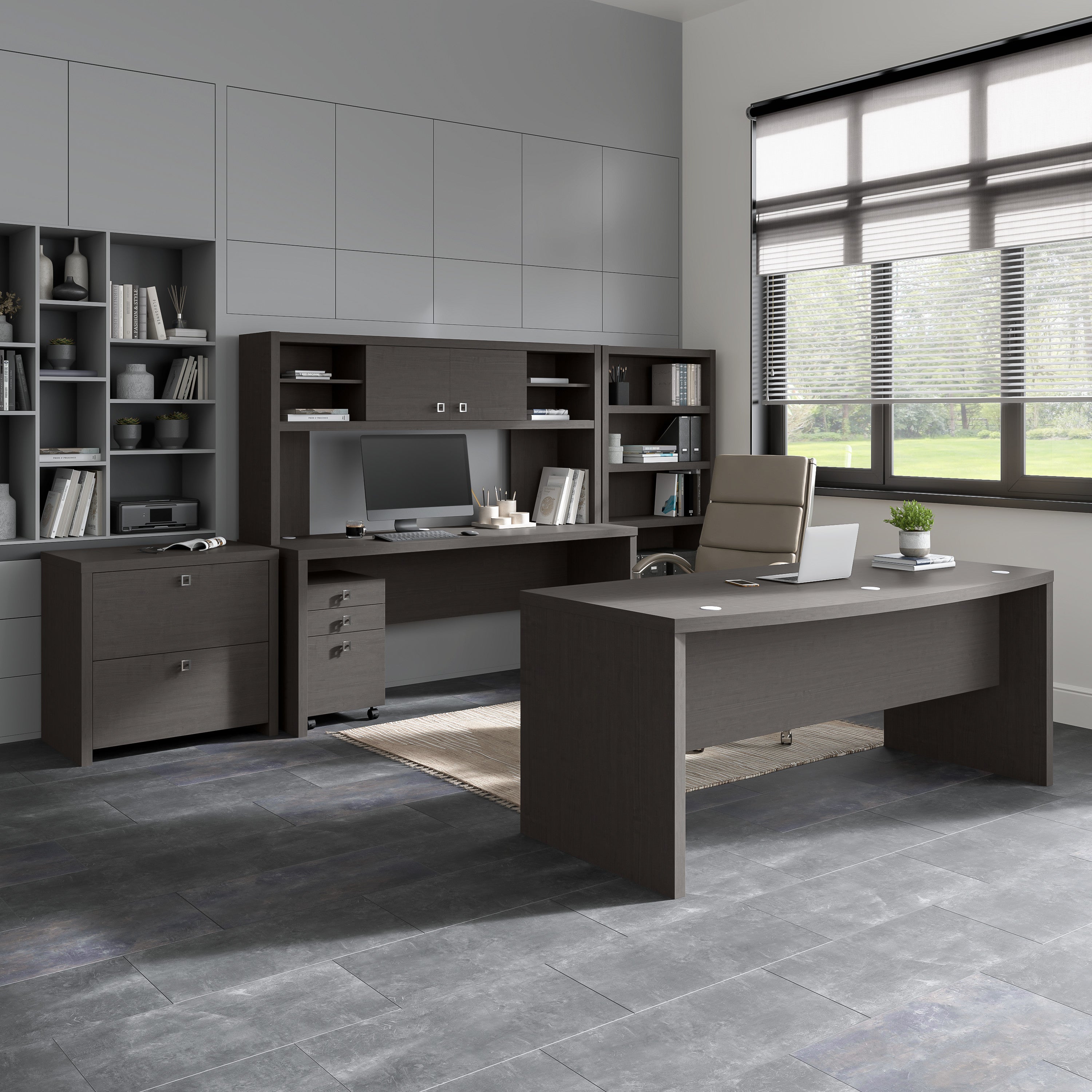 Bush Business Furniture Echo L Shaped Bow Front Desk in Charcoal Maple - 60" Width x 64.02" Depth x 30" Height