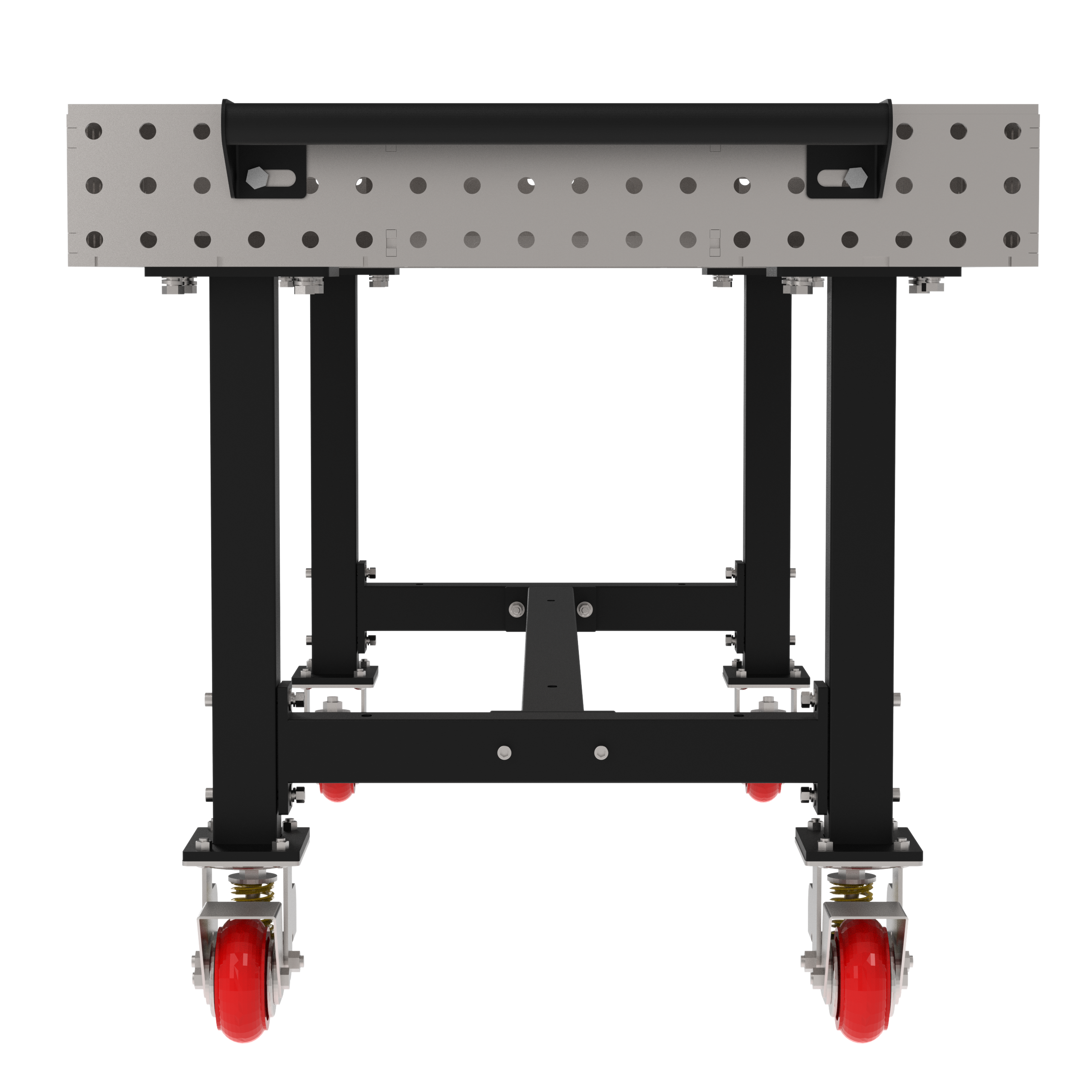Welding Fixture Table, Fixed Height, 36"H x 72"L x 36"D, 1/4" Carbon Steel Top, Four Black Powdercoat Legs, Handle, 4 Heavy Duty Suspension Casters (2 Locking/Swiveling Casters and 2 Non-Locking/Non-SwivelingCasters)