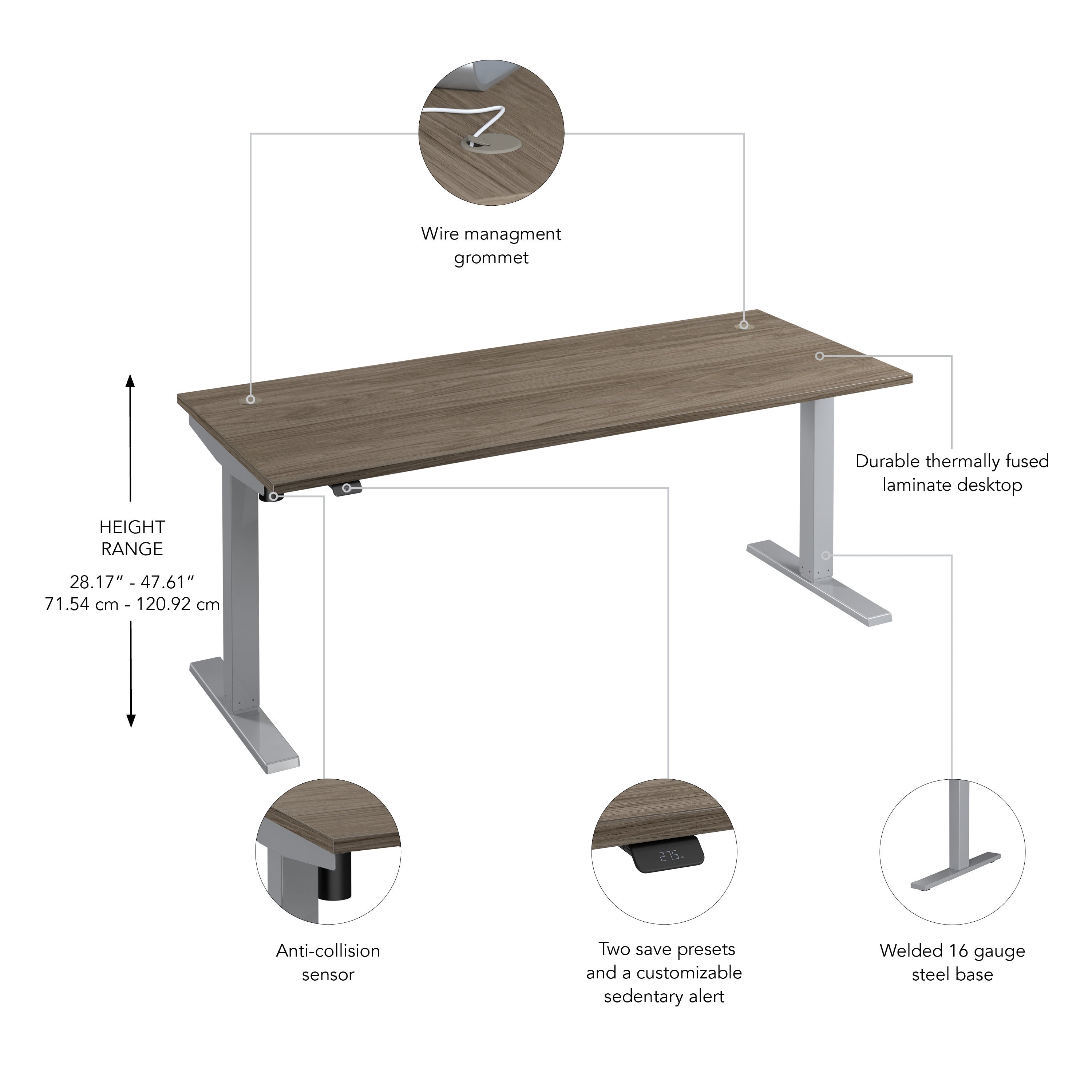 Bush Business Furniture Move 40 Series 72W x 30D Electric Height Adjustable Standing Desk in Modern Hickory with Metallic Gray Base - 71.02" Width x 29.37" Depth x 28.17" Height