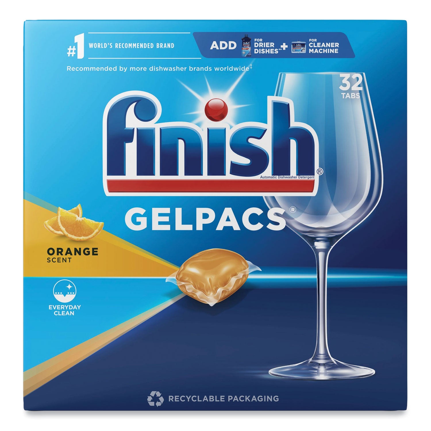 Finish Dishwasher Gel Packs - For Dish, Glass - 1.30 oz (0.08 lb) - Orange Scent - Recommended For: Food Remover, Residue Remover, Stain Remover, Baked-on Food Remover - Pre-moistened - Orange - 32 / Box