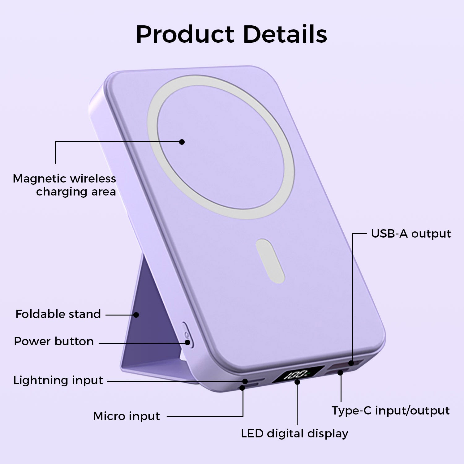 10,000mAh Magnetic Wireless Charge Power Bank with Foldable Stand, Purple