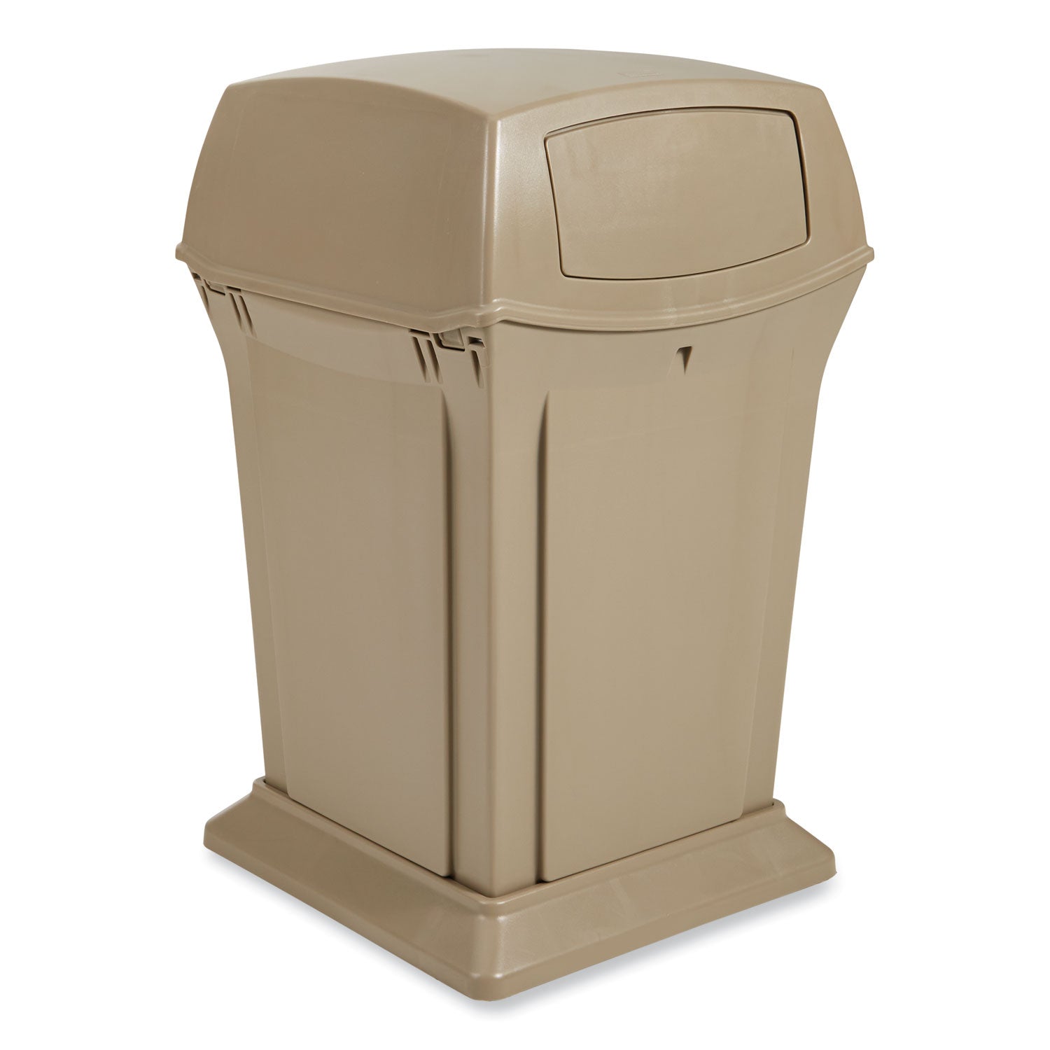 Rubbermaid Commercial Ranger Waste Container, Side Open, Hinged Lid, 35 Gallon, Square, Beige, Plastic/Metal/Structural Foam, 1 Each