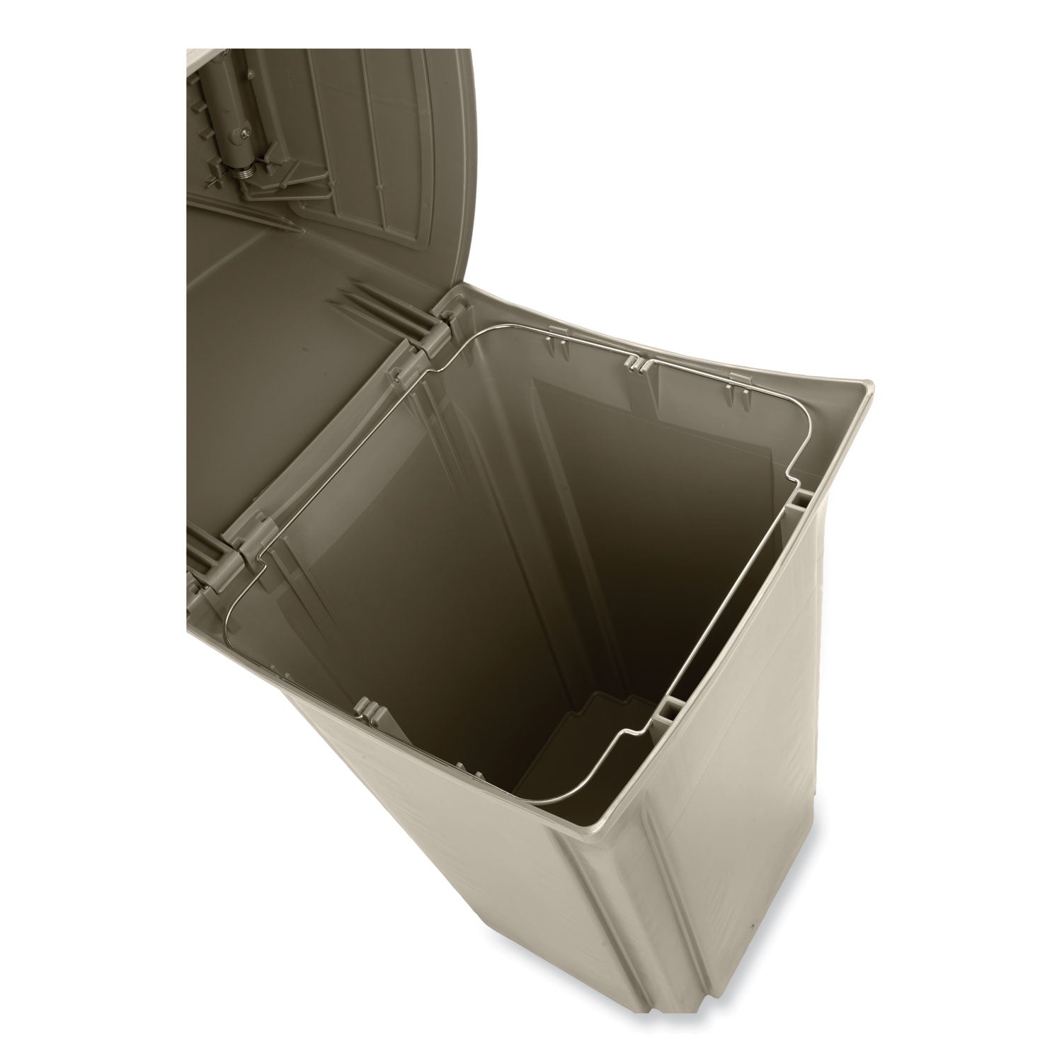 Rubbermaid Commercial Ranger Waste Container, Side Open, Hinged Lid, 35 Gallon, Square, Beige, Plastic/Metal/Structural Foam, 1 Each