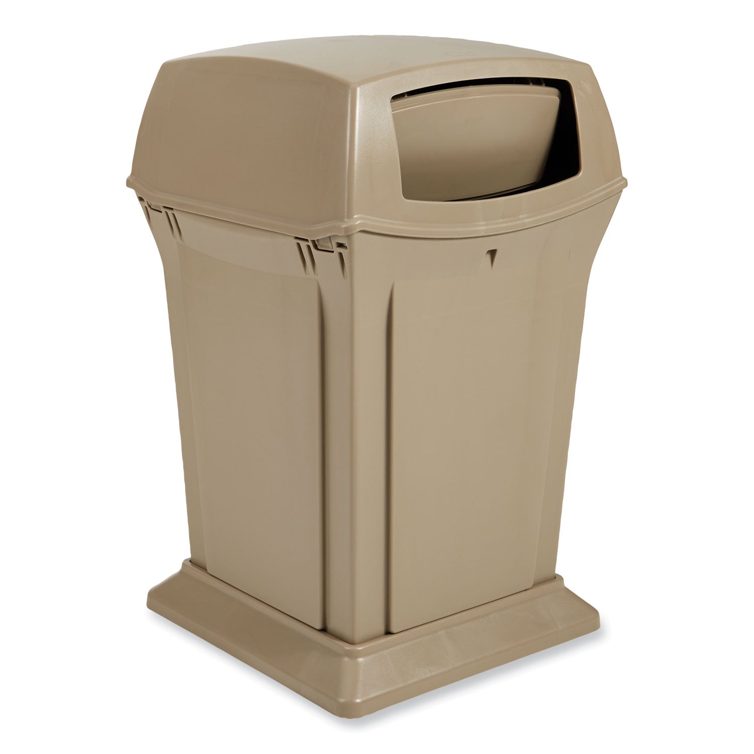 Rubbermaid Commercial Ranger Waste Container, Side Open, Hinged Lid, 35 Gallon, Square, Beige, Plastic/Metal/Structural Foam, 1 Each
