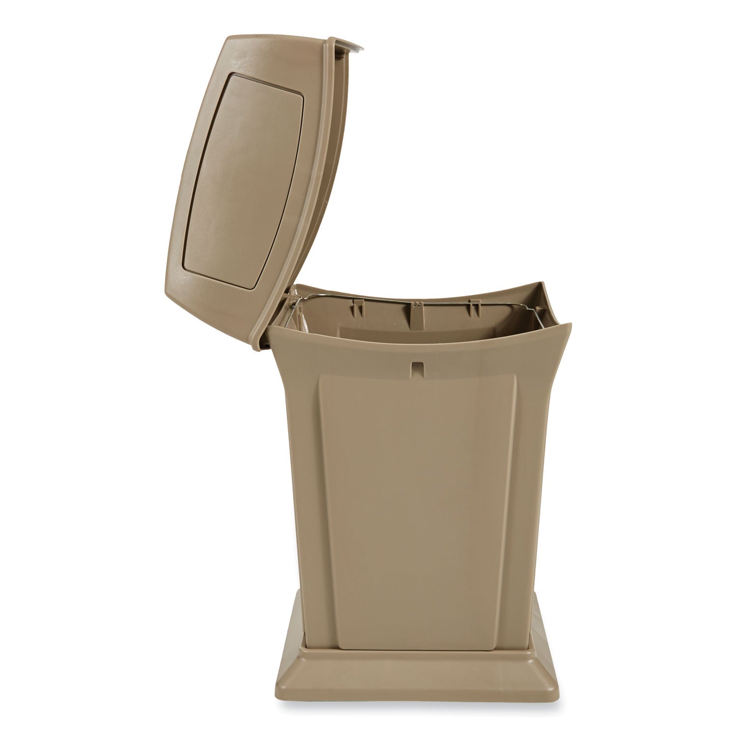 Rubbermaid Commercial Ranger Waste Container, Side Open, Hinged Lid, 35 Gallon, Square, Beige, Plastic/Metal/Structural Foam, 1 Each