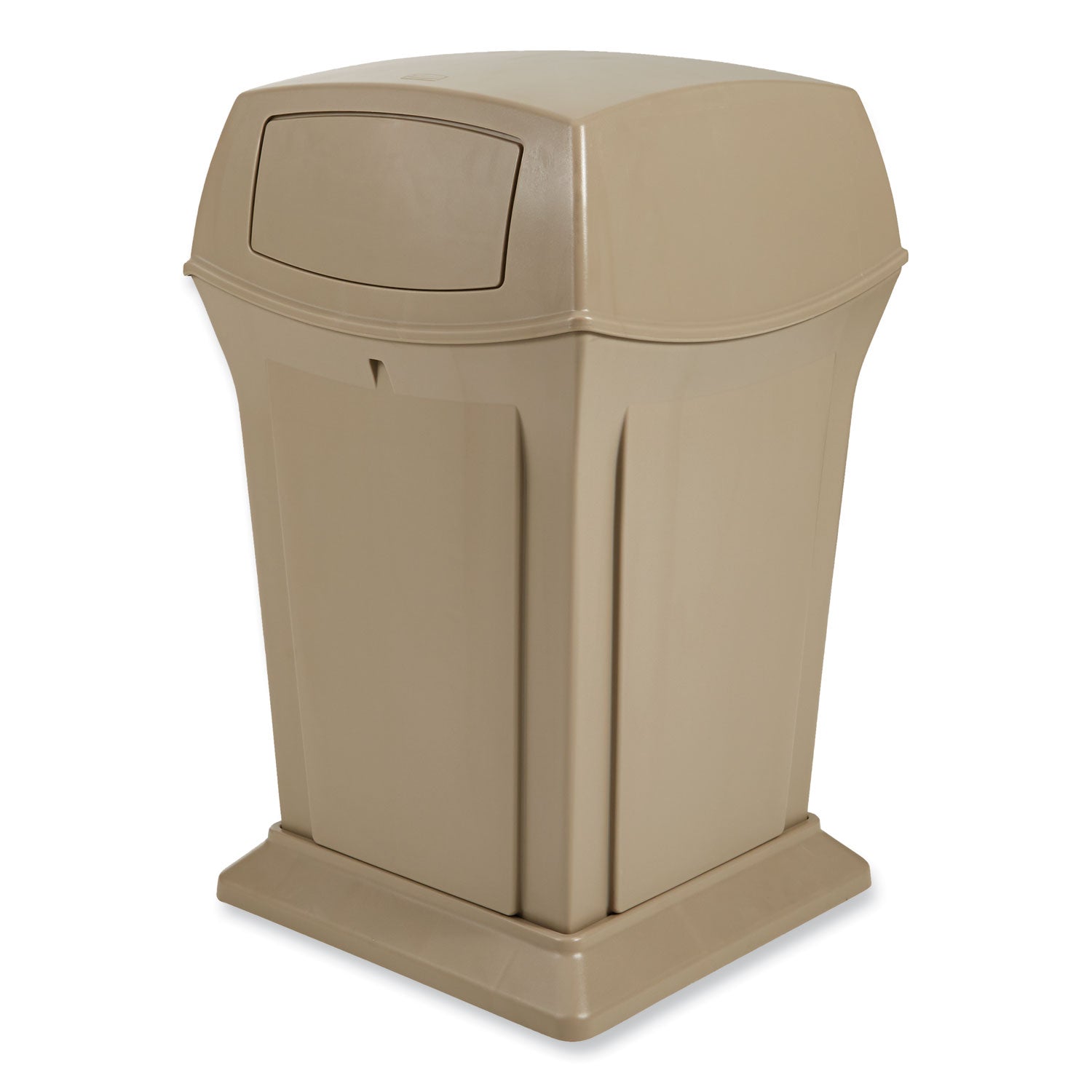 Rubbermaid Commercial Ranger Waste Container, Side Open, Hinged Lid, 35 Gallon, Square, Beige, Plastic/Metal/Structural Foam, 1 Each