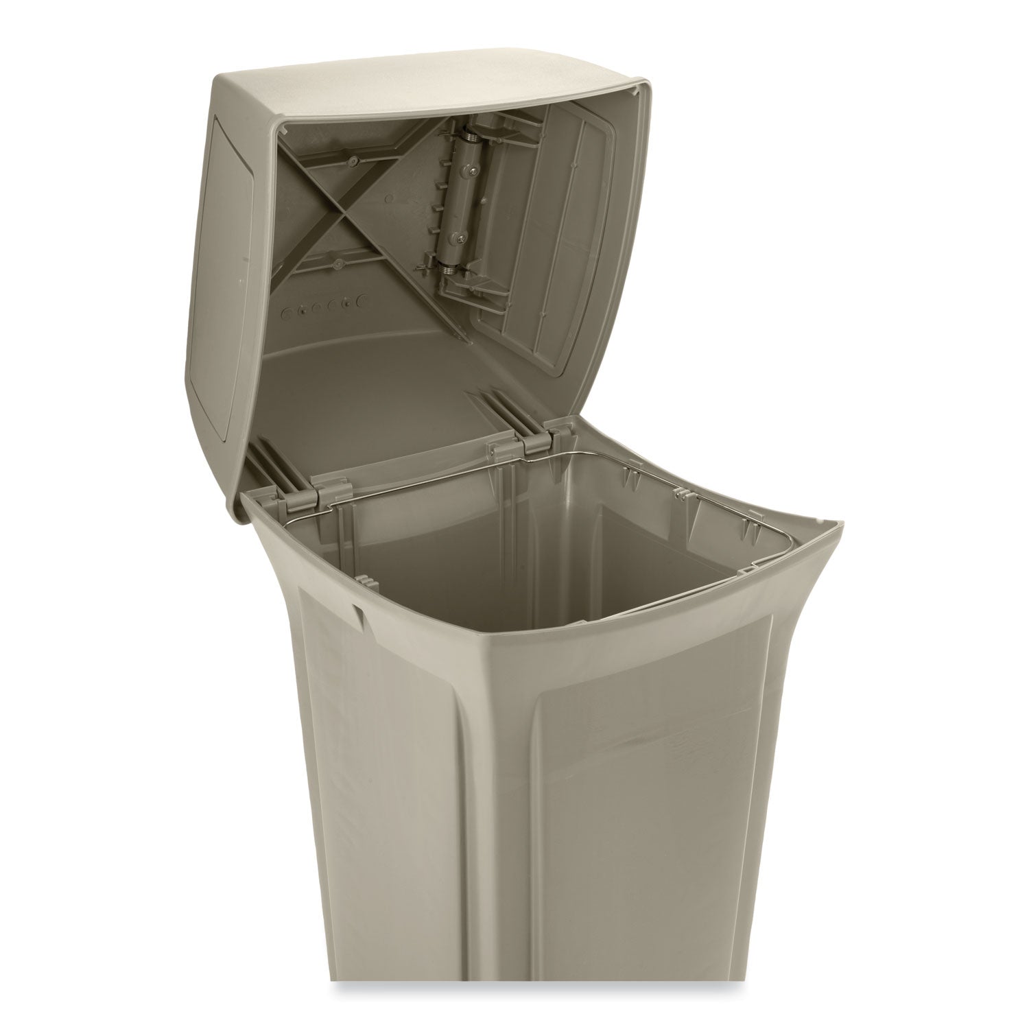 Rubbermaid Commercial Ranger Waste Container, Side Open, Hinged Lid, 35 Gallon, Square, Beige, Plastic/Metal/Structural Foam, 1 Each