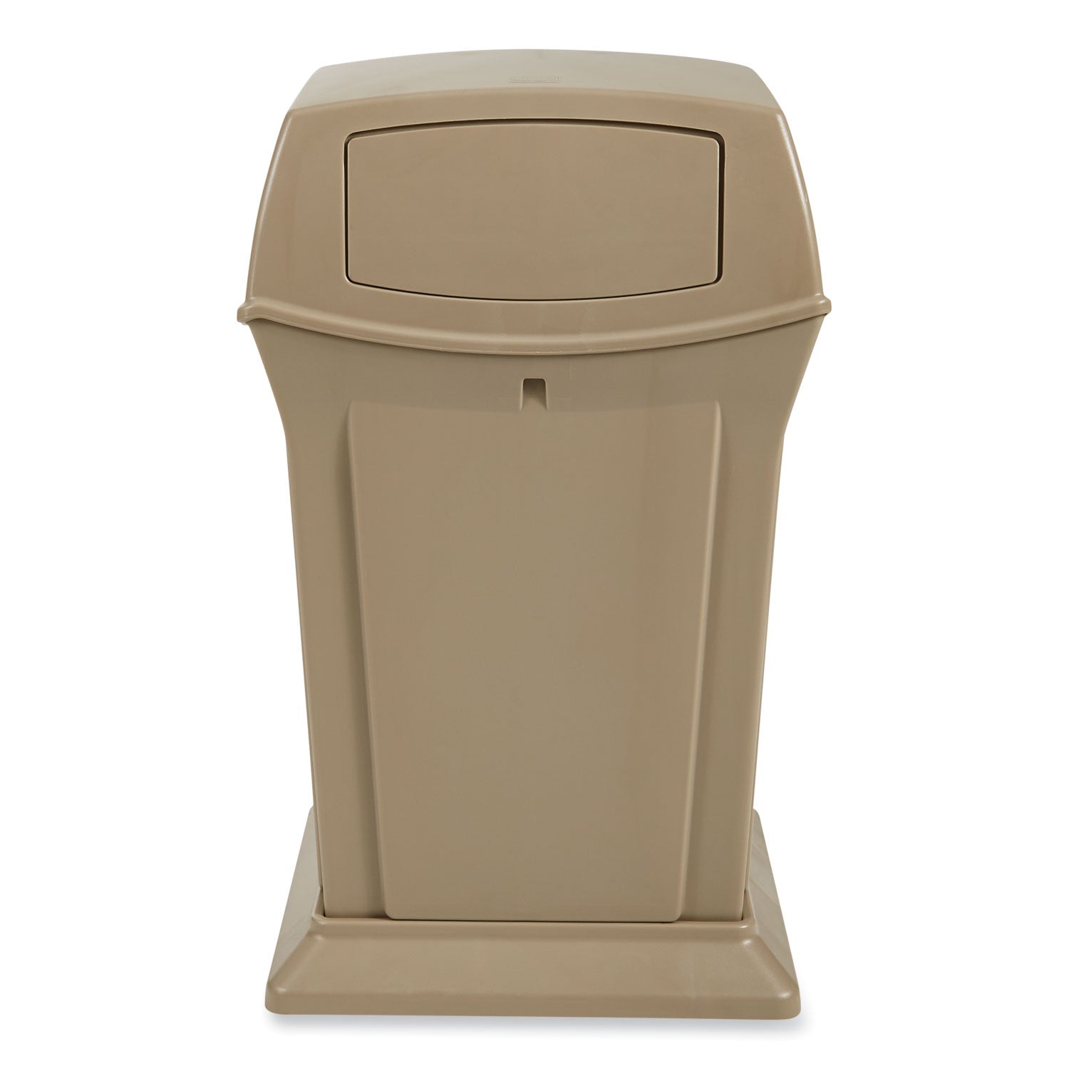 Rubbermaid Commercial Ranger Waste Container, Side Open, Hinged Lid, 35 Gallon, Square, Beige, Plastic/Metal/Structural Foam, 1 Each