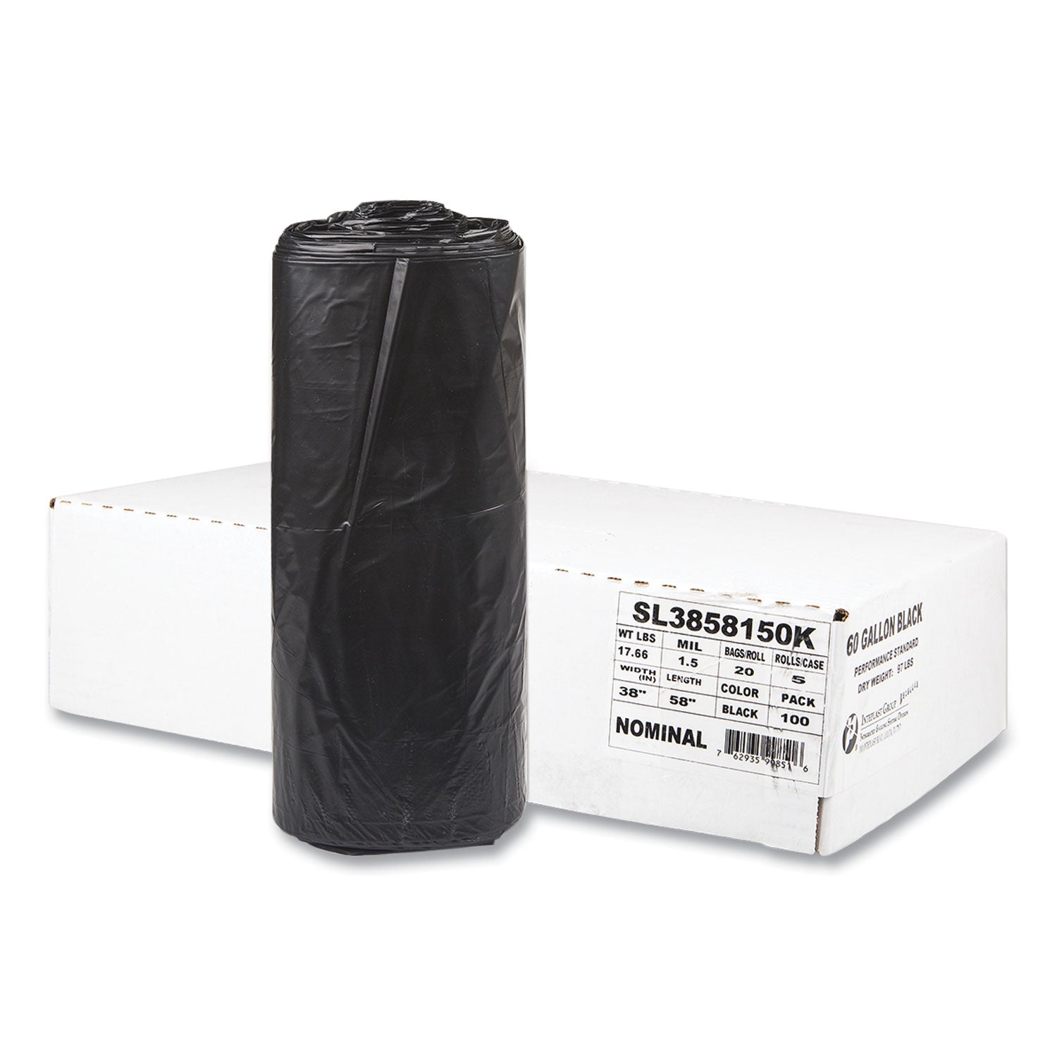 60 gal Capacity - 58" Width x 1.50 mil (38 Micron) Thickness - Low Density - Black - Linear Low-Density Polyethylene (LLDPE) - 1 Carton