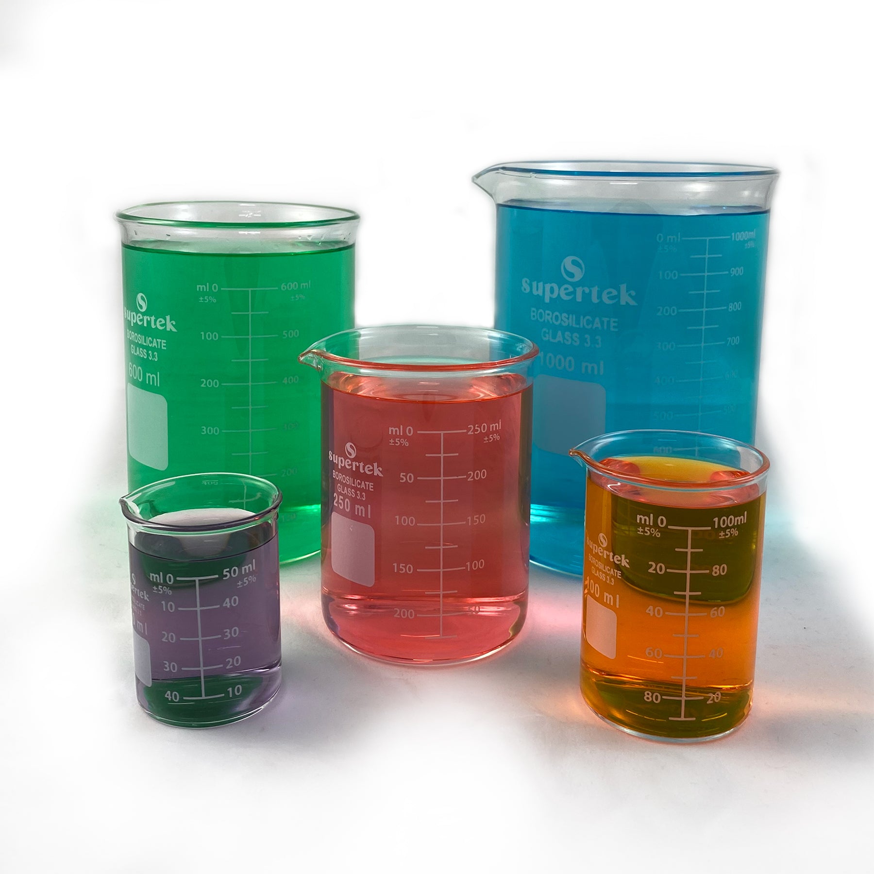 Glass Beakers, 50, 100, 250, 600, 1000ml, Set of 5