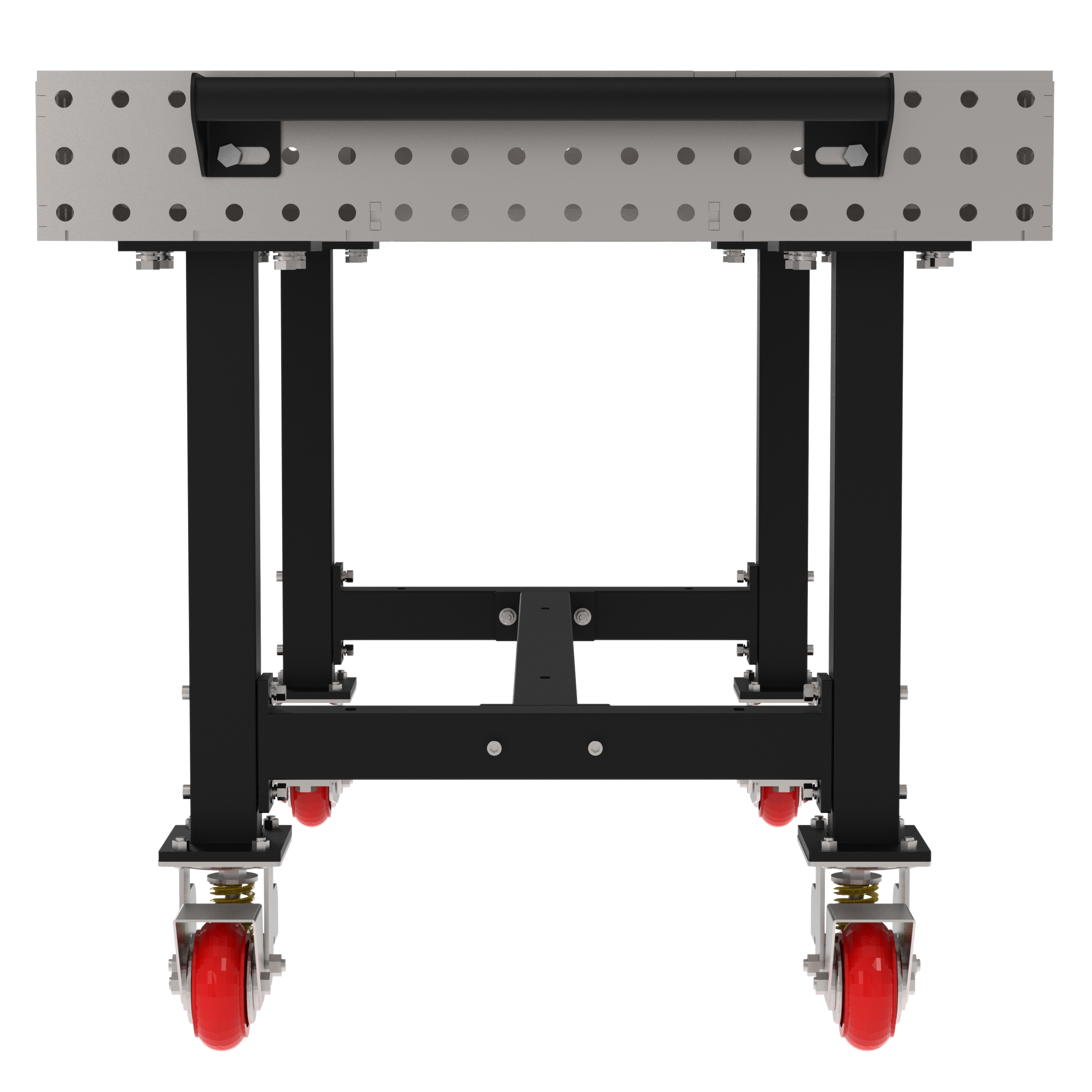 Welding Fixture Table, Fixed Height, 36"H x 60"L x 36"D, 1/4" Carbon Steel Top, Four Black Powdercoat Legs, Handle, 4 Heavy Duty Suspension Casters (2 Locking/Swiveling Casters and 2 Non-Locking/Non-SwivelingCasters)