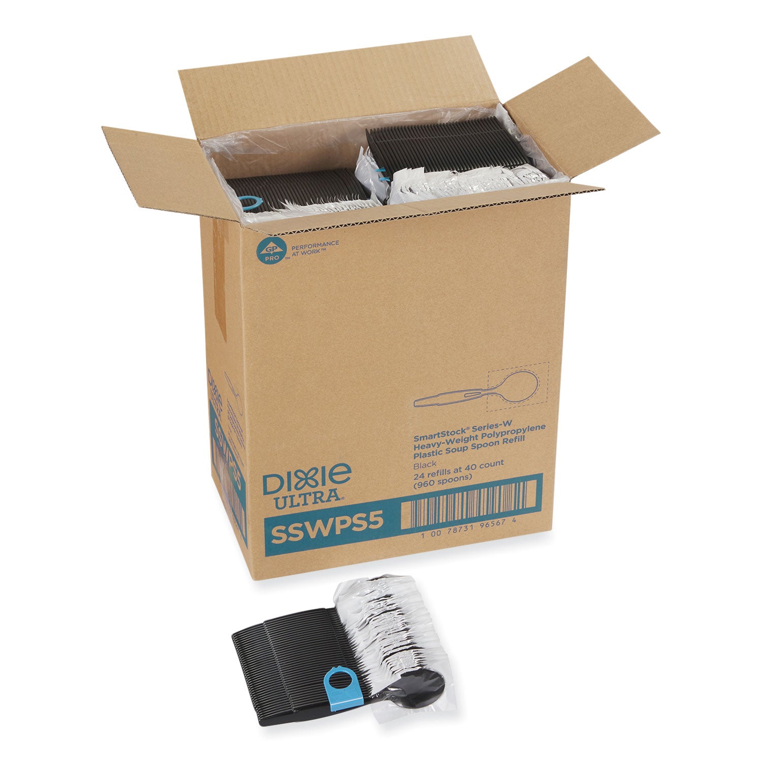 SmartStock Wrapped Heavyweight Cutlery Refill, Soup Spoon, Plastic, Black, 960/Carton