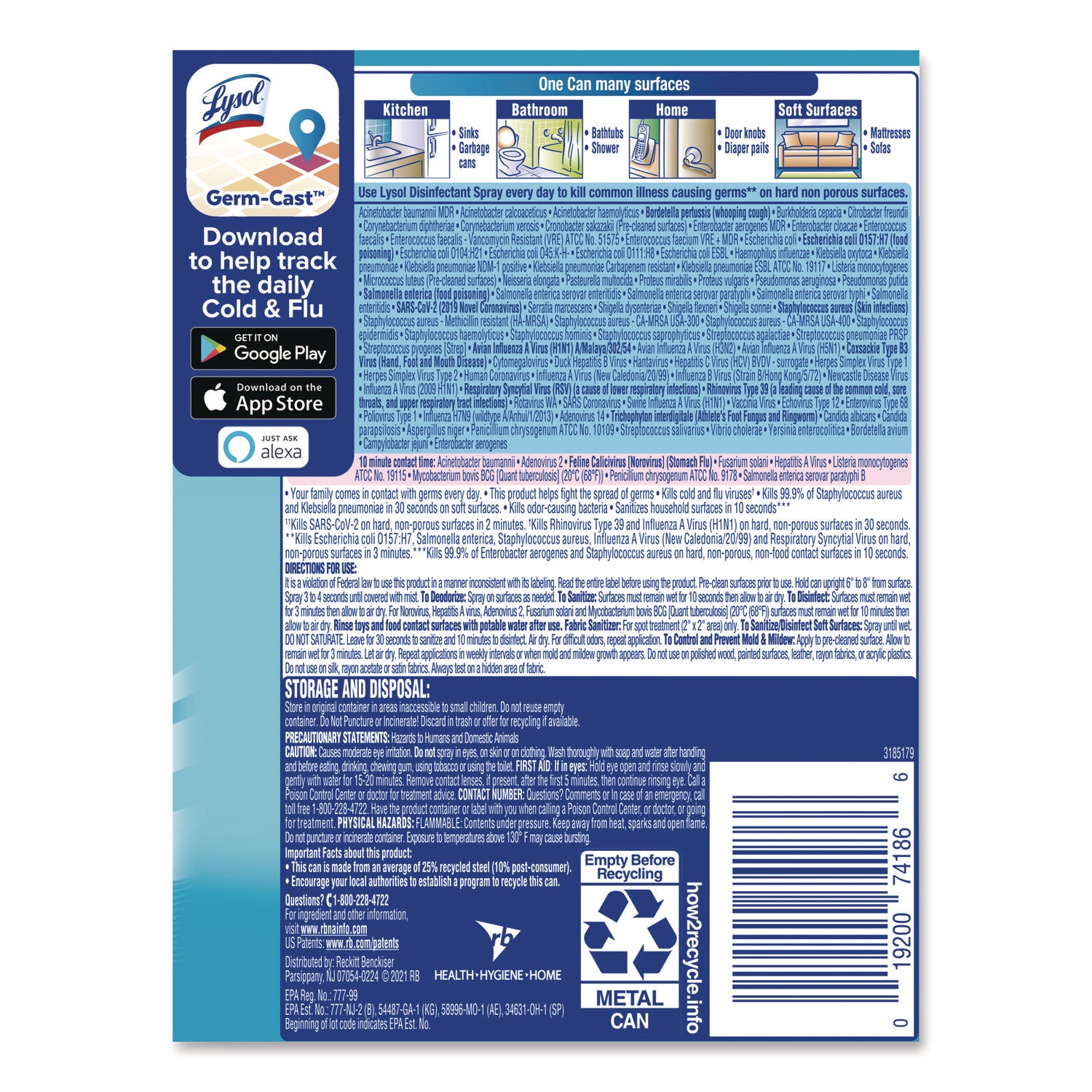 Lysol Crisp Linen Disinfectant Spray - For Nonporous Surface, Kitchen, Bathroom, Hard Surface - 12.50 oz (0.78 lb) - Crisp Linen Scent - Recommended For: Spot Remover - Disinfectant, Anti-bacterial, CFC-free - Clear - 1 Each