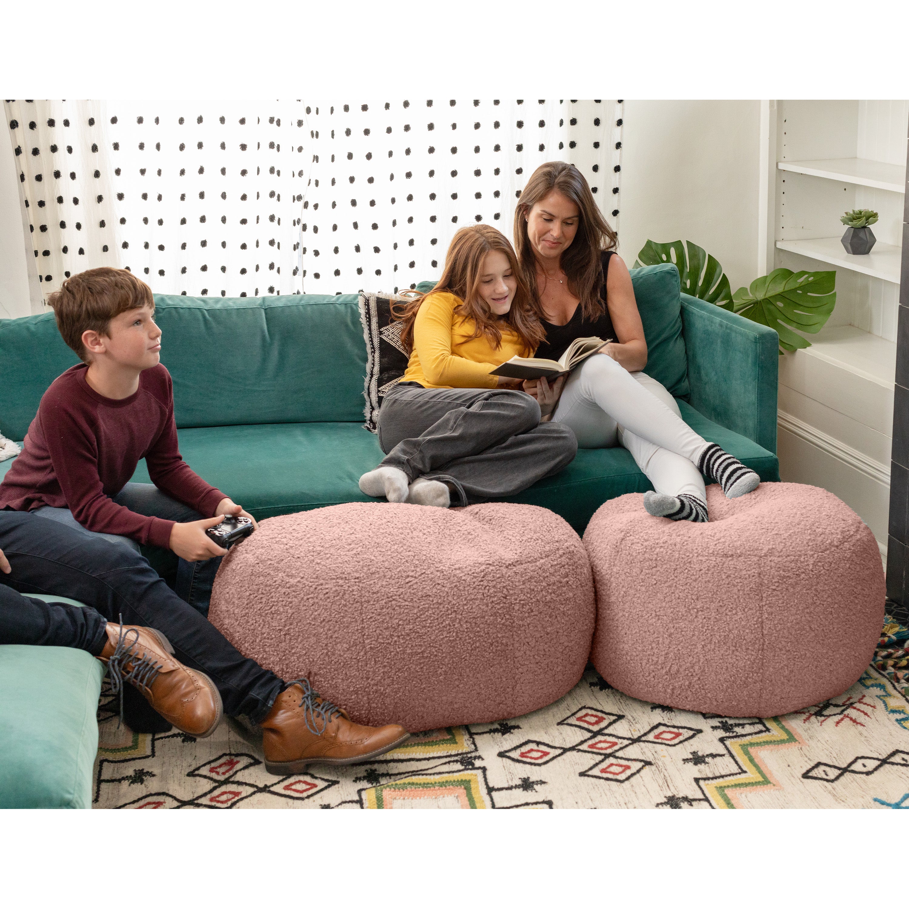 Jaxx Ellis Ottoman Shearling Faux-Lamb Plush Pouf for Modern Interior Design, Oval, Pink