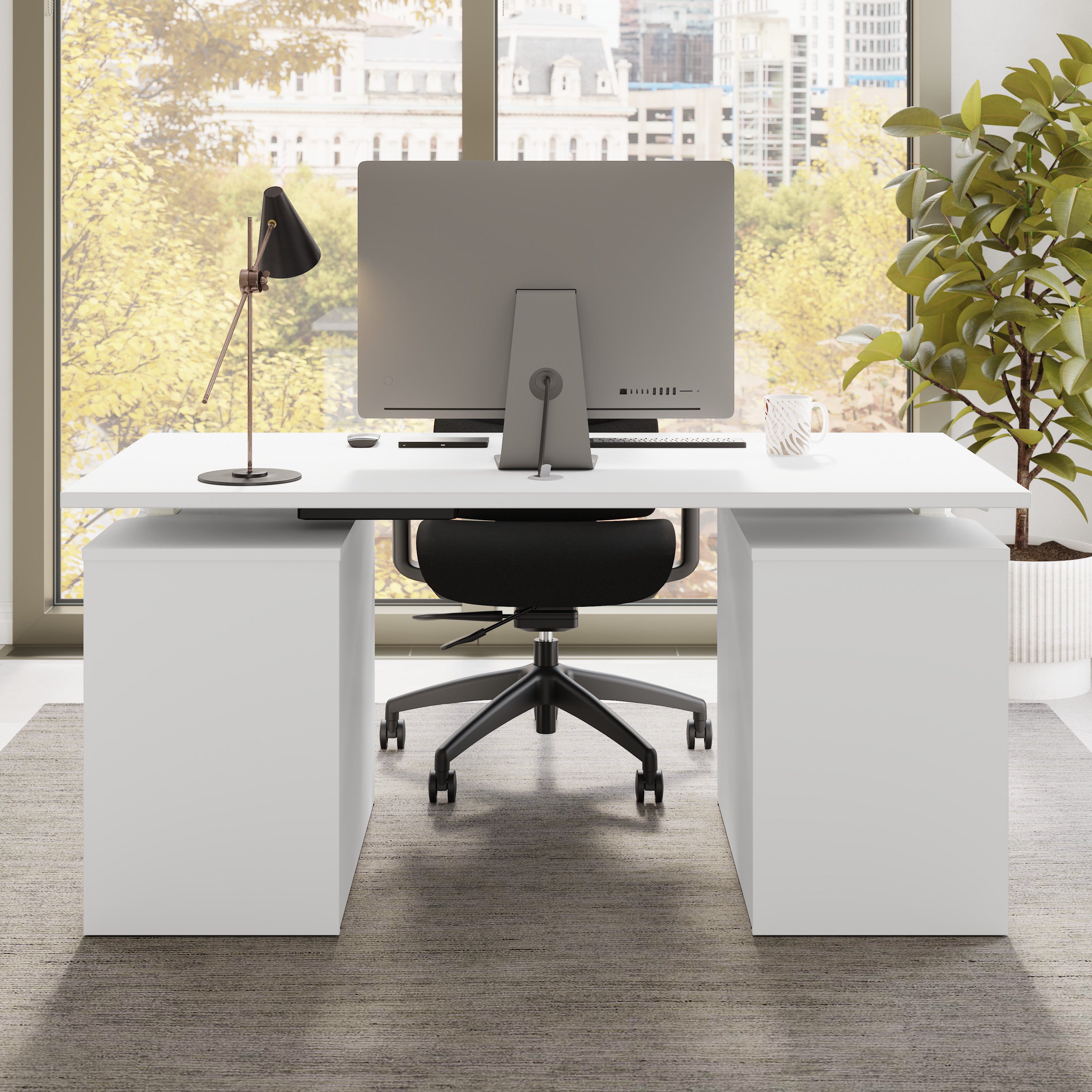 Bush Business Furniture Stratus&nbsp;60W x&nbsp;30D Electric Height Adjustable Standing Desk with Drawers in White with White Base - 59.45" Width x 29.37" Depth x 27.44" Height