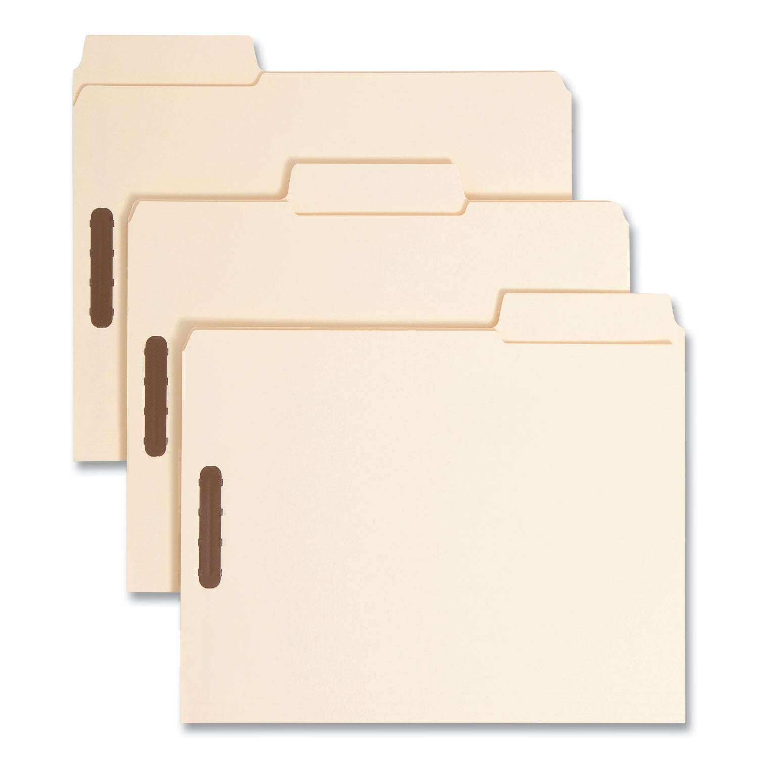 Smead SuperTab 1/3-Cut Letter Size Recycled Fastener Folders, 2 Prong K Style, 2" Capacity, Reinforced Tab, 14 pt. Manila, Assorted Tab Positions, 2 Ply, 50/Box