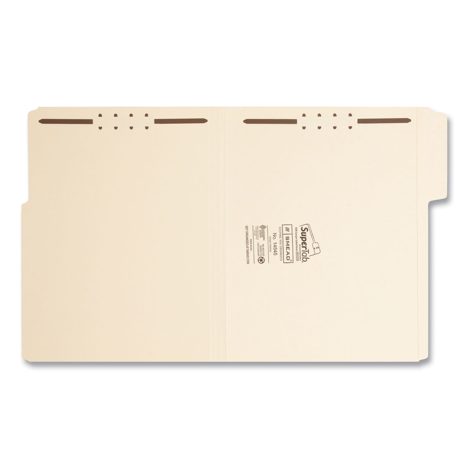 Smead SuperTab 1/3-Cut Letter Size Recycled Fastener Folders, 2 Prong K Style, 2" Capacity, Reinforced Tab, 14 pt. Manila, Assorted Tab Positions, 2 Ply, 50/Box
