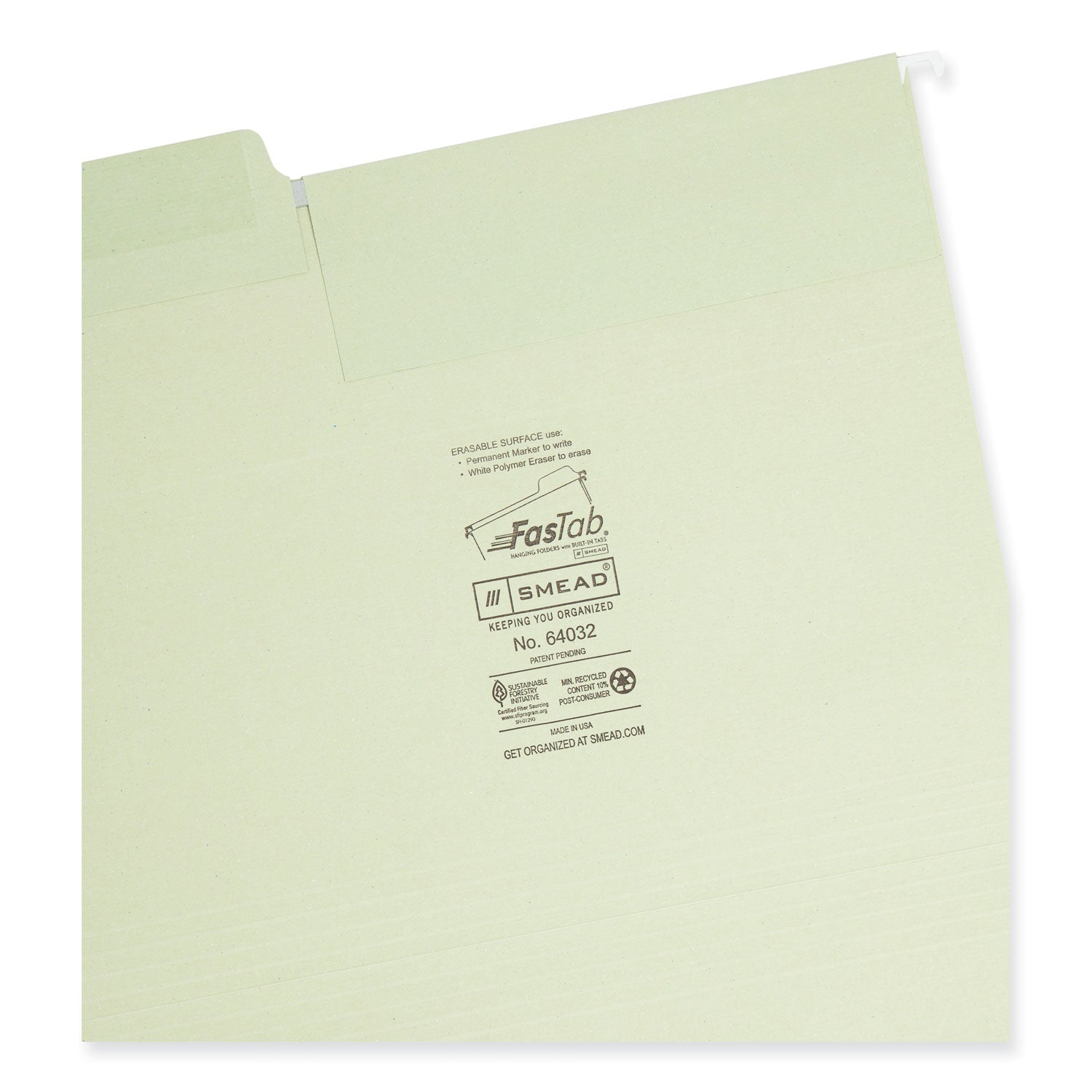 Smead FasTab 1/3 Tab Cut Letter Recycled Hanging Folder - 8 1/2" x 11" - Top Tab Location - Assorted Tab Position - 2 Plys - Moss - 10% Recycled - 20 / Box