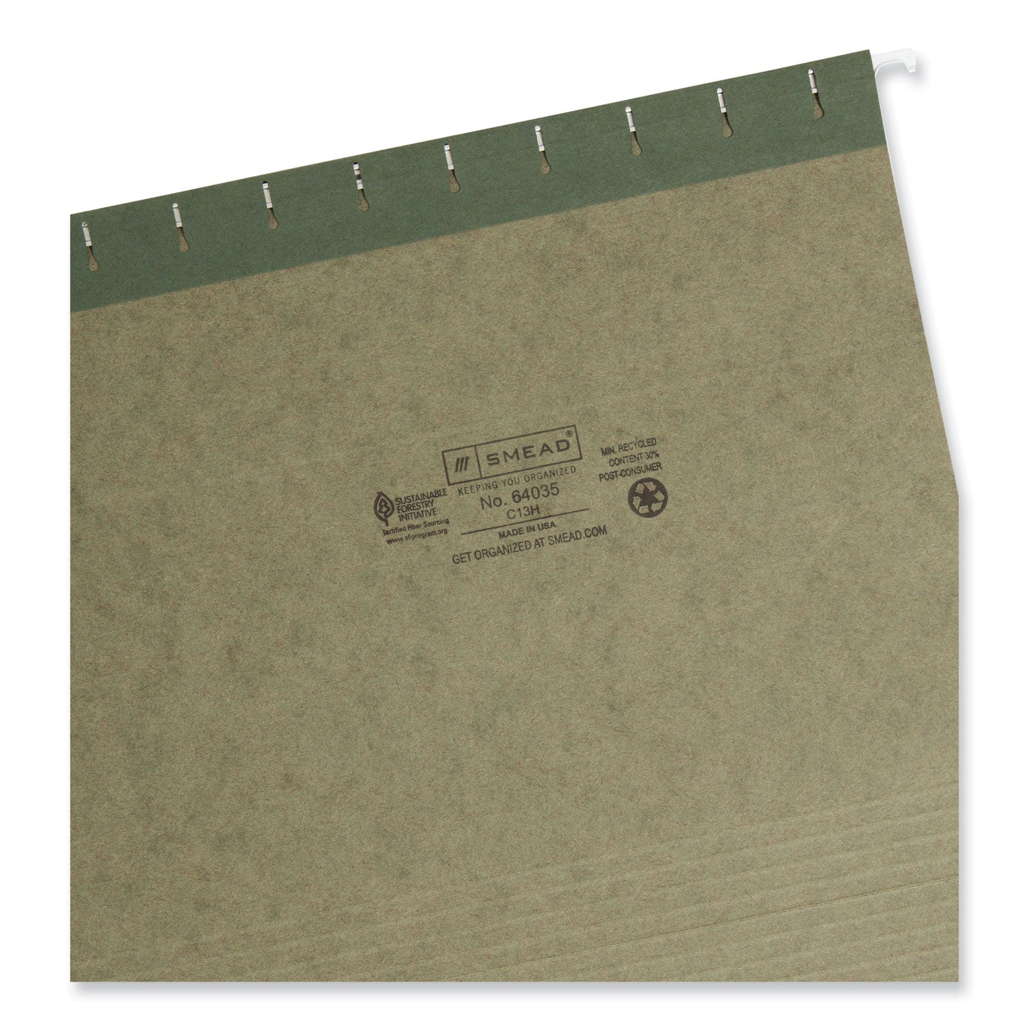 Smead 1/3 Tab Cut Letter Recycled Hanging Folder - 8 1/2" x 11" - Top Tab Location - Assorted Tab Position - 11 pt. - Vinyl - Standard Green - 10% Recycled - 25 / Box
