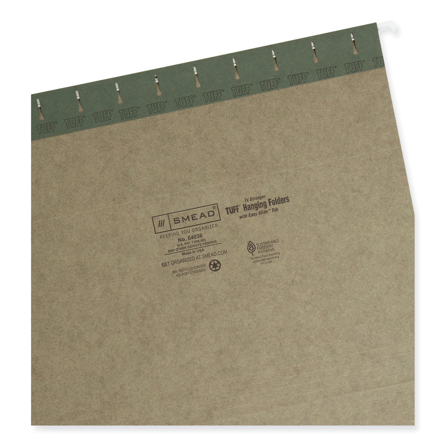 Smead TUFF 1/3 Tab Cut Letter Recycled Hanging Folder - 8 1/2" x 11" - Top Tab Location - Assorted Tab Position - 11 pt. - Standard Green - Heavy Duty, Tear Resistant - 10% Recycled - 20 / Box