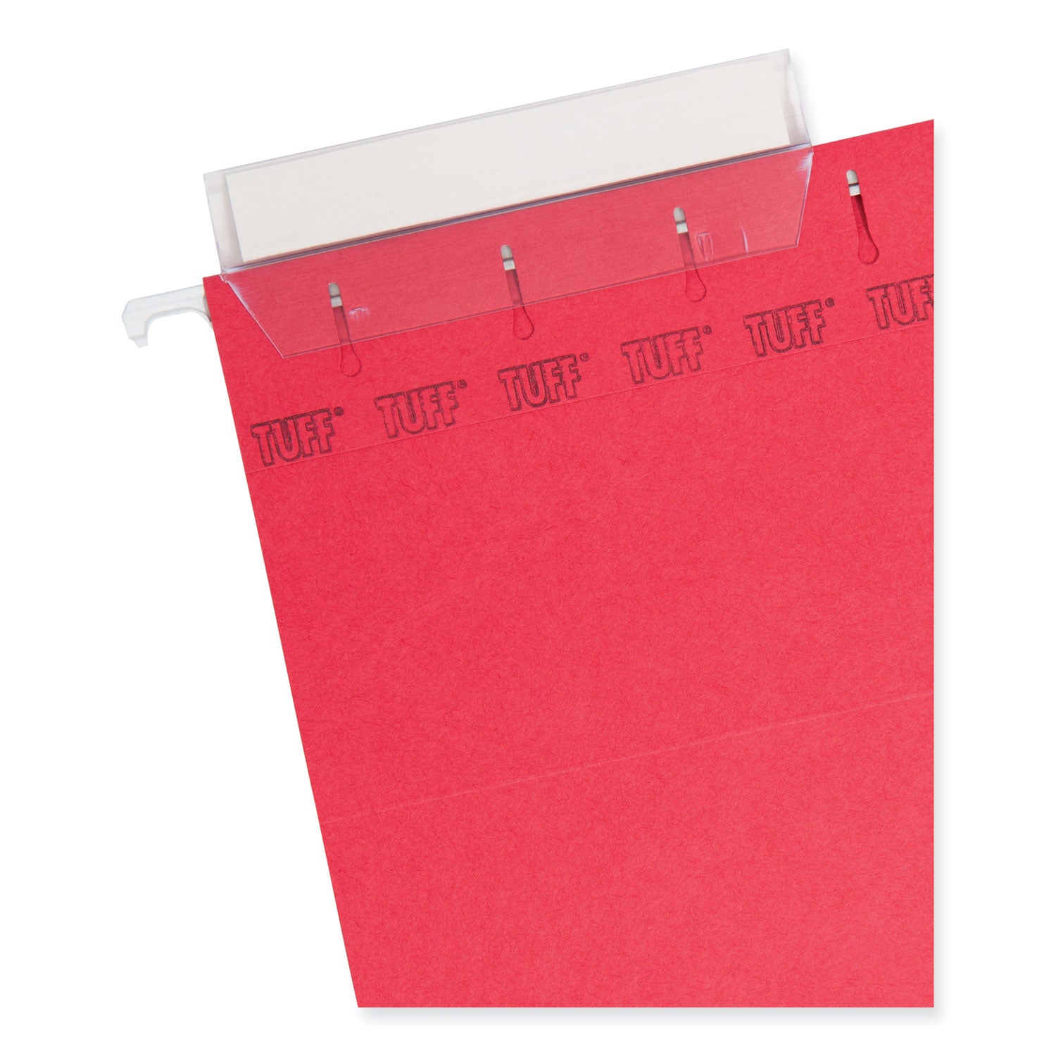 Smead TUFF 1/3 Tab Cut Letter Recycled Hanging Folder - 8 1/2" x 11" - Top Tab Location - Assorted Tab Position - 11 pt. - Plastic - Red - 10% Recycled - 1 / Pack