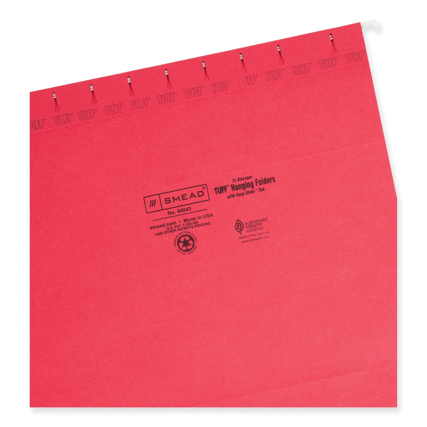 Smead TUFF 1/3 Tab Cut Letter Recycled Hanging Folder - 8 1/2" x 11" - Top Tab Location - Assorted Tab Position - 11 pt. - Plastic - Red - 10% Recycled - 1 / Pack