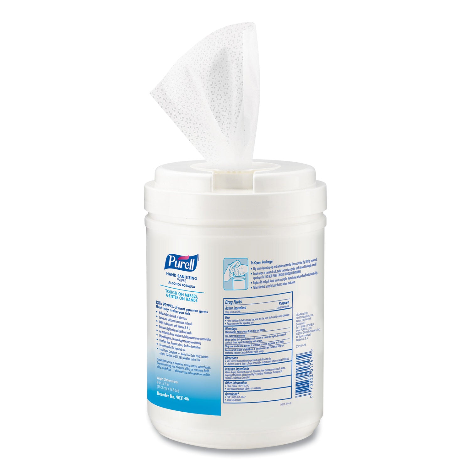 PURELL&reg; Alcohol Hand Sanitizing Wipes - 6" Width x 7" Length - White - 175/Tub - 1 Each