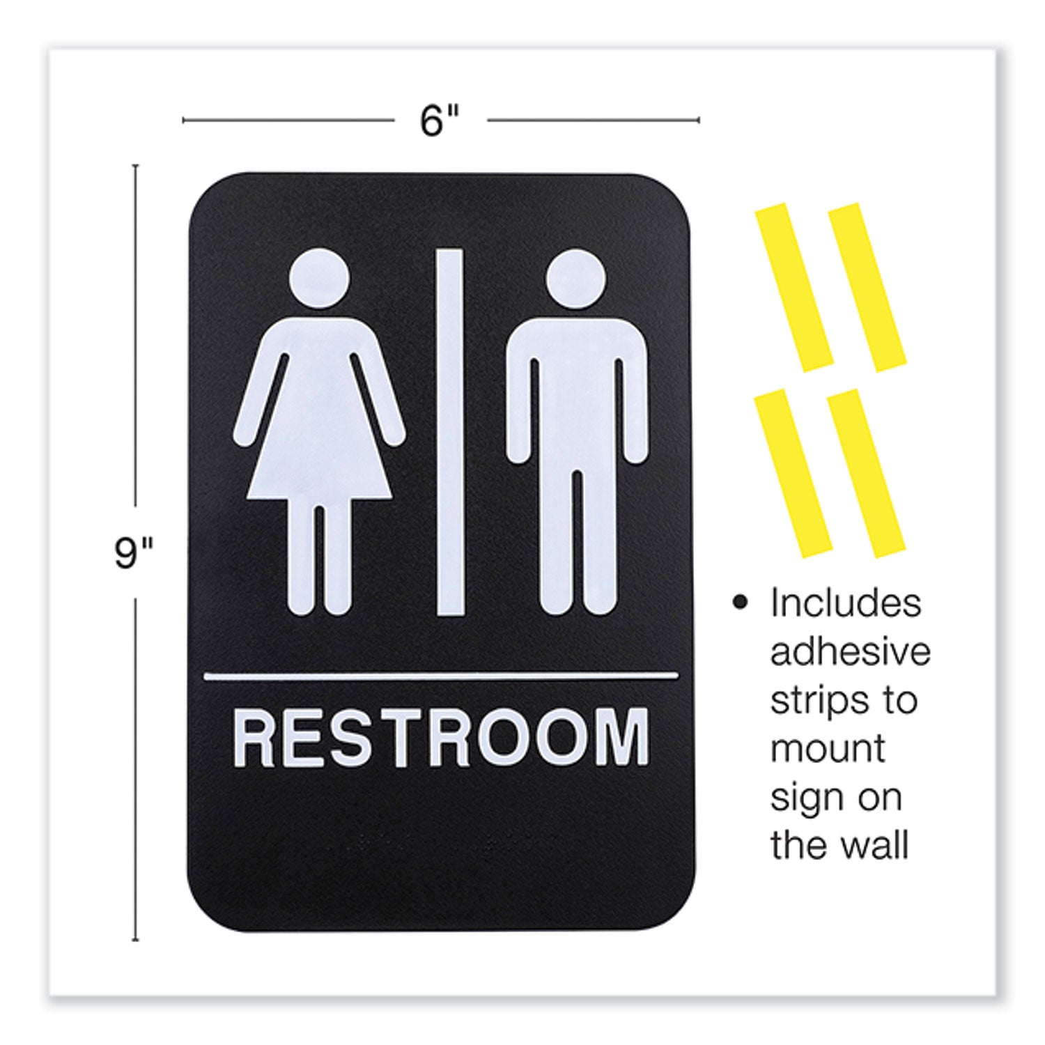 Indoor/Outdoor Restroom with Braille Text, 6" x 9", Black Face, White Graphics, 3/Pack