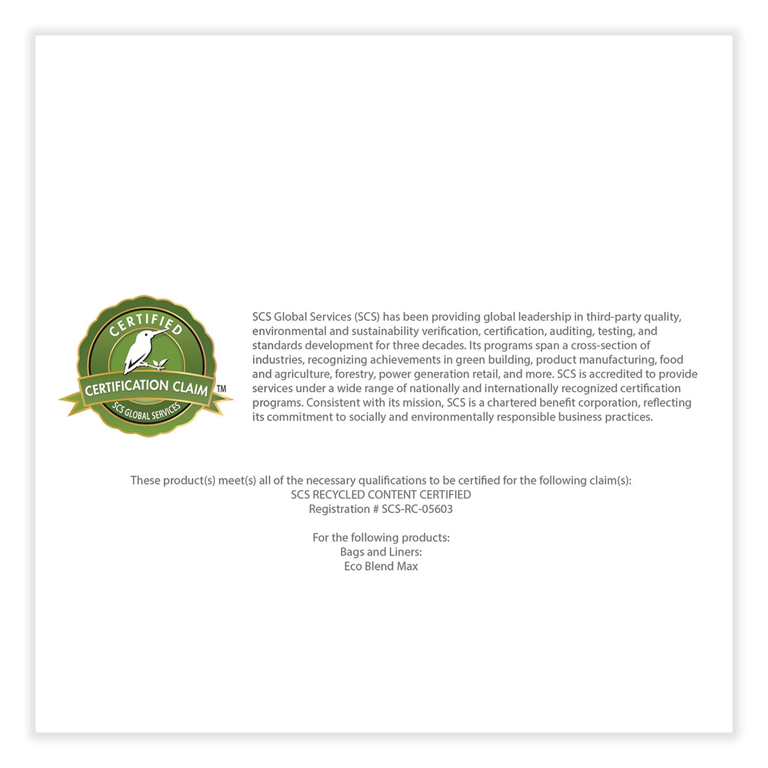 Eco Blend Max Can Liners, 60 gal, 0.8 mil, 38" x 58", Clear, 20 Bags/Roll, 5 Rolls/Carton