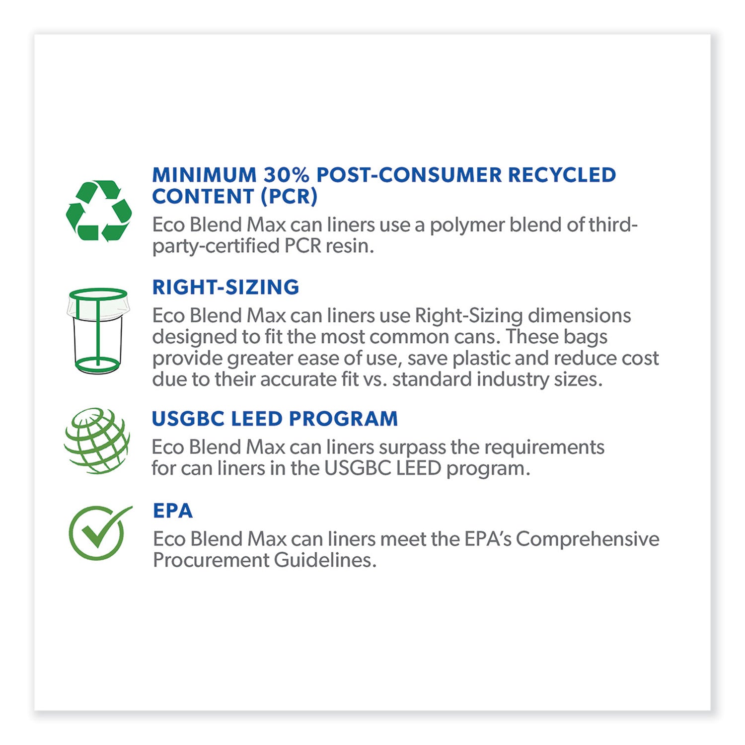 Heritage Eco Blend Max Can Liners - 45 gal Capacity - 40" Width x 46" Depth x 0.80 mil (20 Micron) Thickness - Low Density - Blue Tint - Linear Low-Density Polyethylene (LLDPE), Resin - Waste, Can - Recycled - 1 Carton