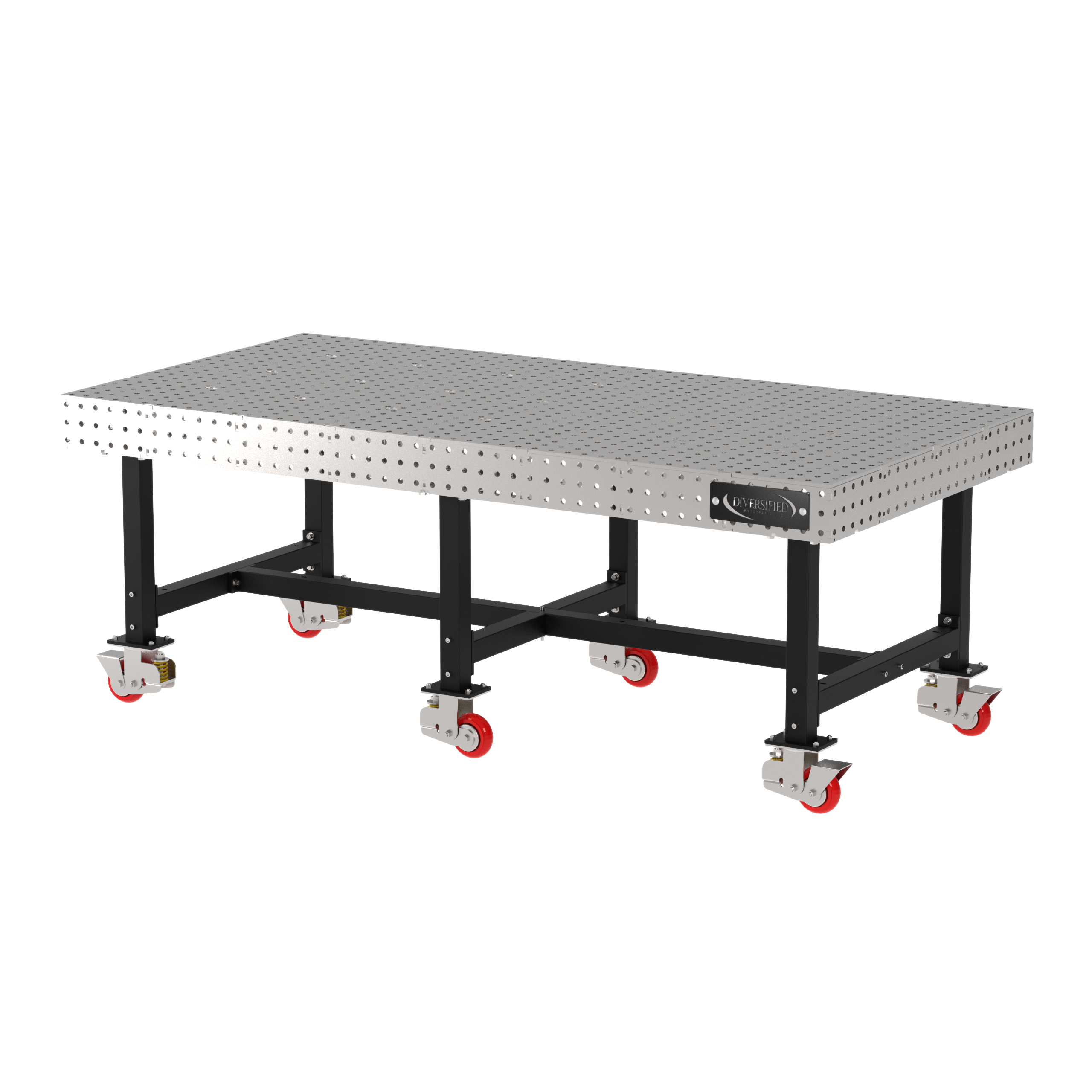 Welding Fixture Table, Fixed Height, 36"H x 96"L x 48"D, 1/4" Carbon Steel Top, Six Black Powdercoat Legs, 6 Heavy Duty Suspension Casters (4 Locking/Swiveling Casters and 2 Non-Locking/Non-SwivelingCasters)