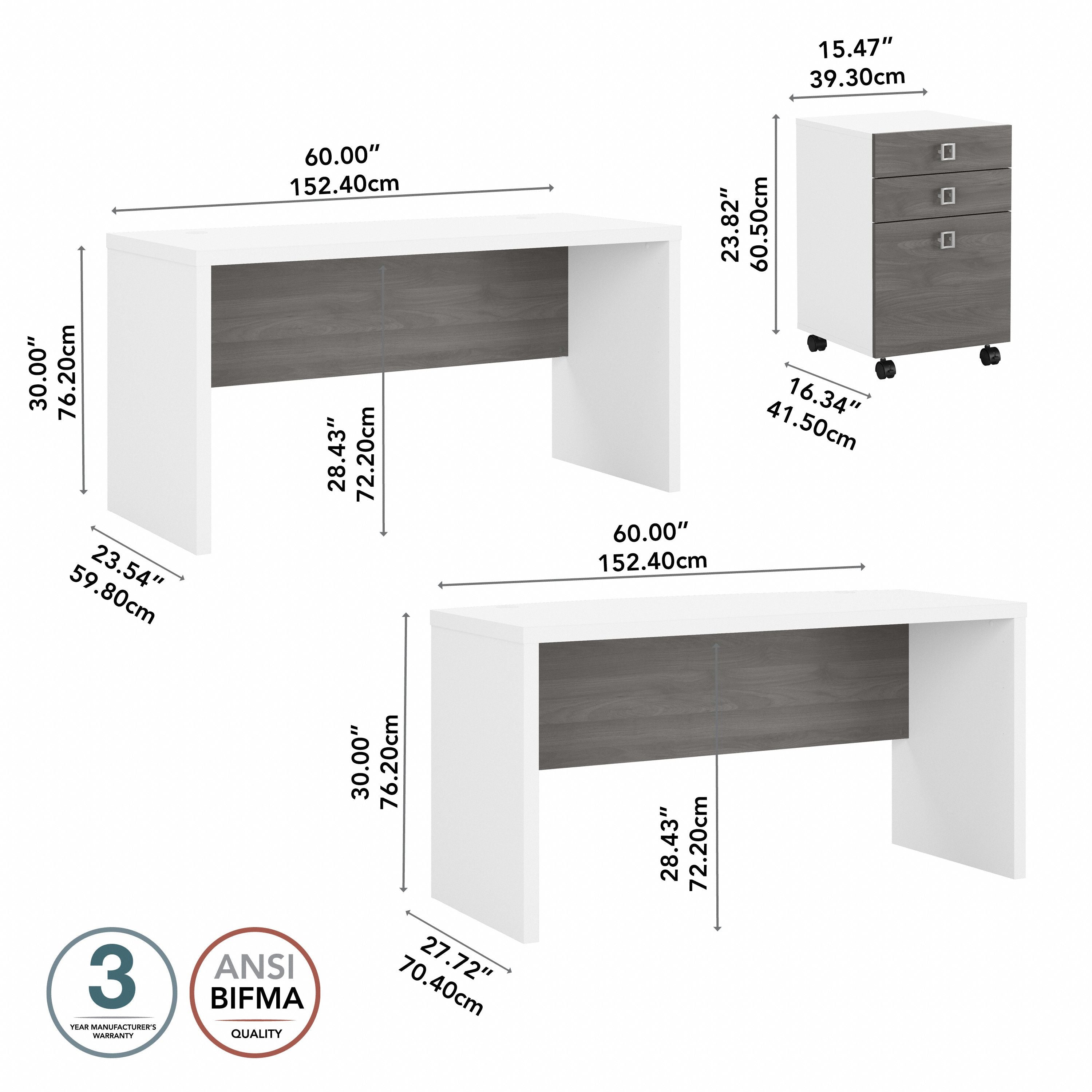 Bush Business Furniture Echo Bow Front Desk and Credenza with Mobile File Cabinet in Pure White and Modern Gray - 60" Width x 87.26" Depth x 30" Height