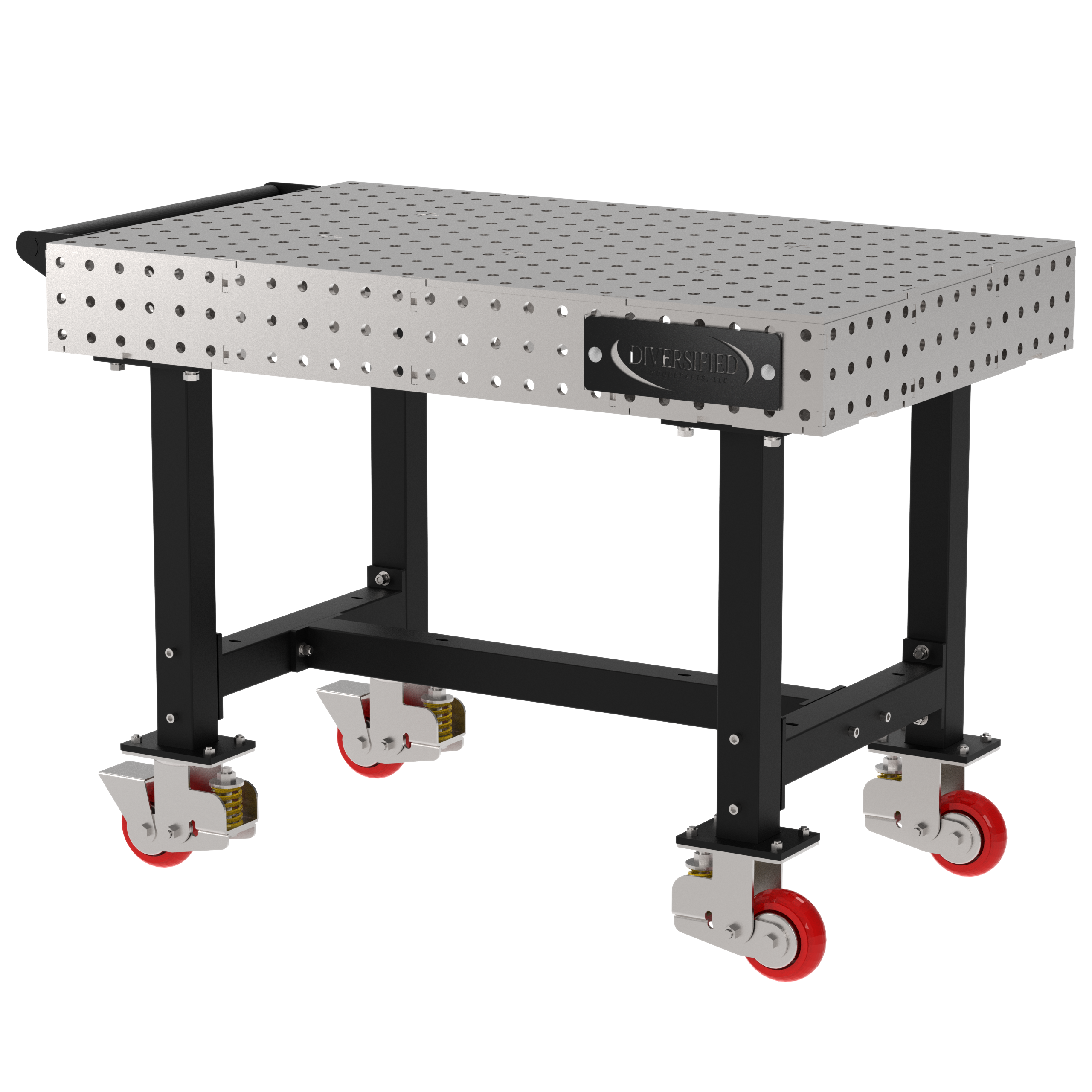 Welding Fixture Table, Fixed Height, 36"H x 48"L x 30"D, 1/4" Carbon Steel Top, Four Black Powdercoat Legs, Handle, 4 Heavy Duty Suspension Casters (2 Locking/Swiveling Casters and 2 Non-Locking/Non-SwivelingCasters)