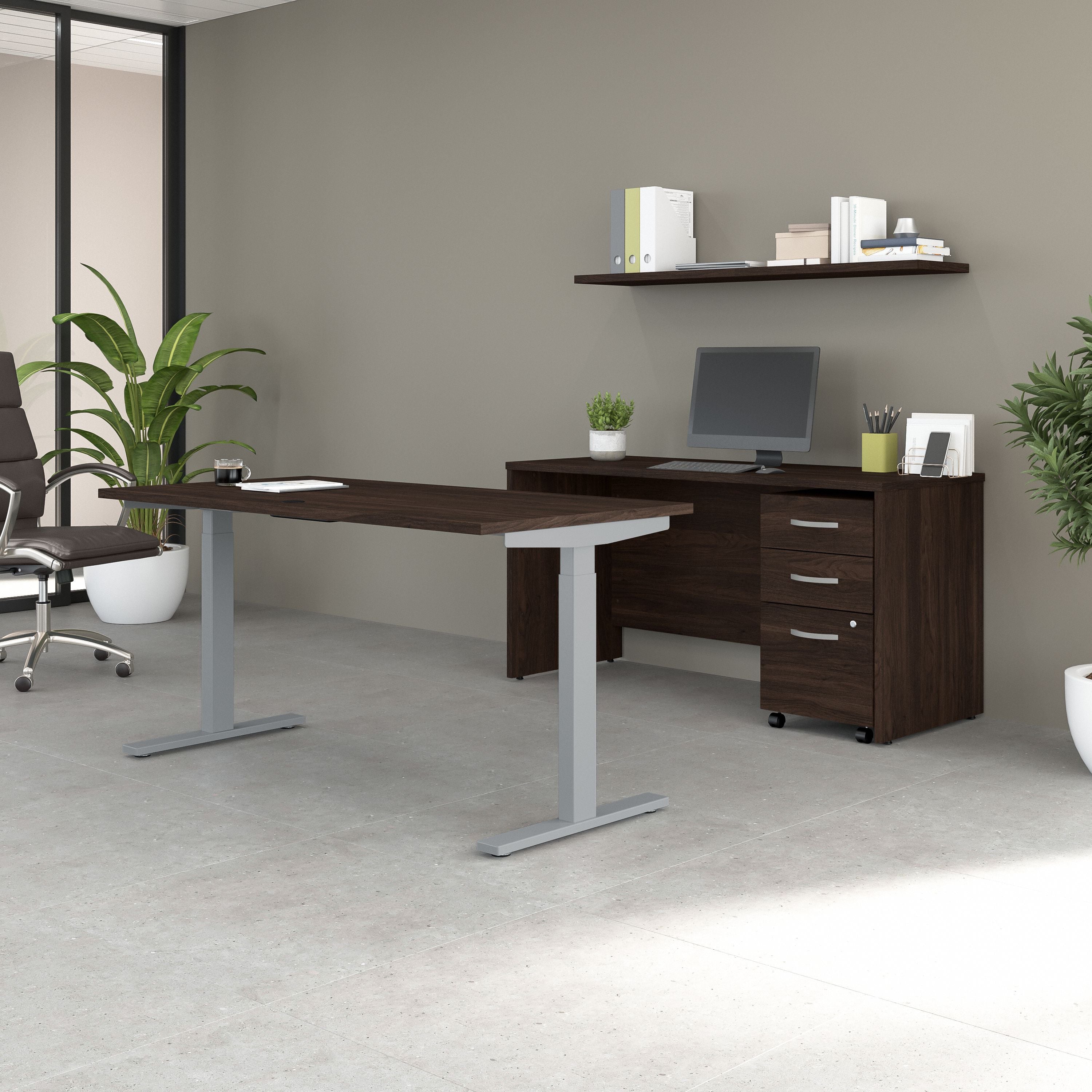 Bush Business Furniture Studio C 60W Height Adjustable Standing Desk with Credenza and File Cabinet in Black Walnut - 59.45" Width x 82.8" Depth x 47.69" Height