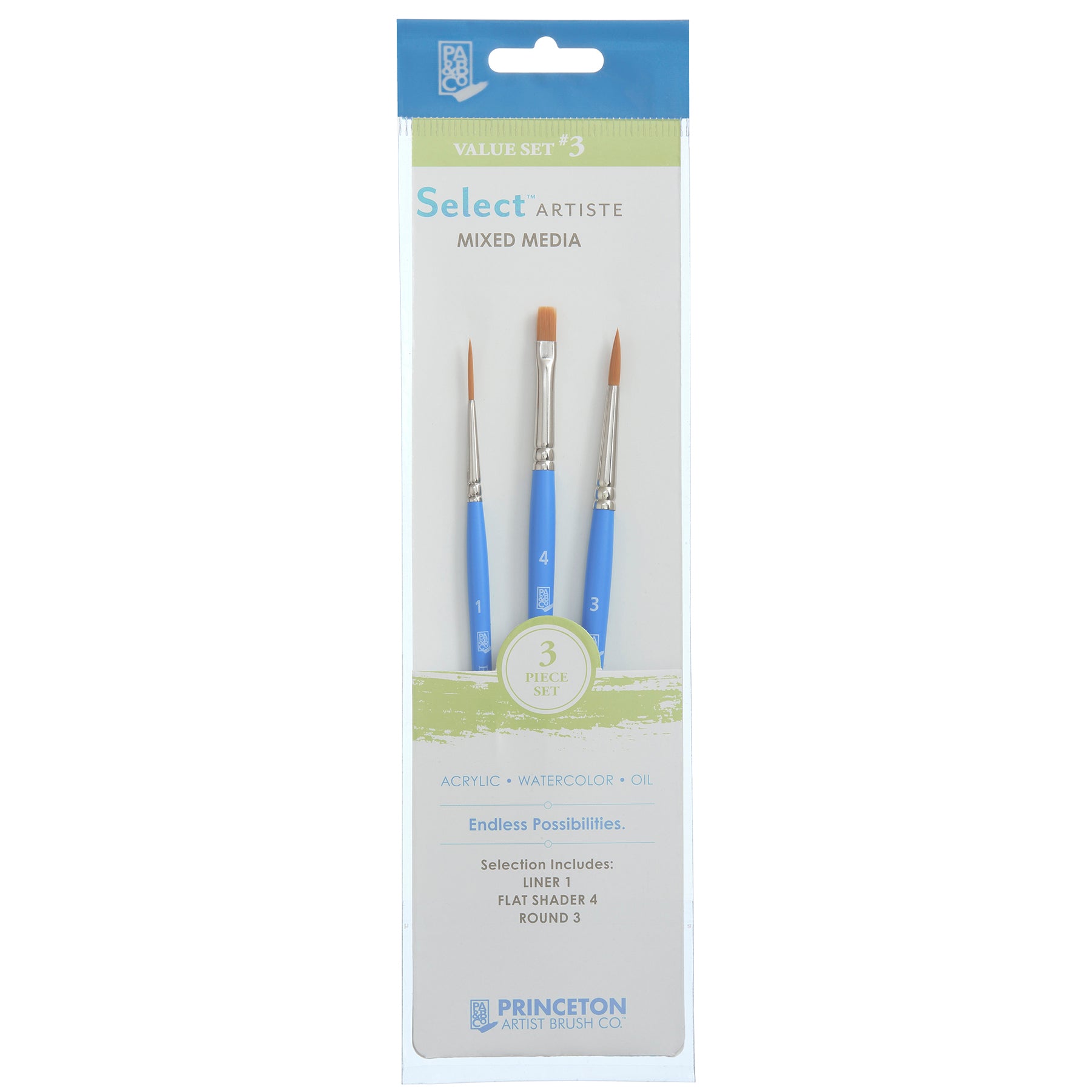 Select Artiste Brush Set No. 3, Synthetic Bristles, Short Handle Mixed Media Paintbrush, Jewel Blue, 3 Pieces