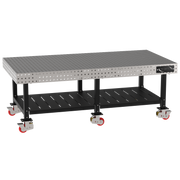 Welding Fixture Table, Fixed Height, 36"H x 96"L x 48"D, 1/4" Carbon Steel Top, Six Black Powdercoat Legs, Shelf, 6 Heavy Duty Suspension Casters (4 Locking/Swiveling Casters and 2 Non-Locking/Non-SwivelingCasters)
