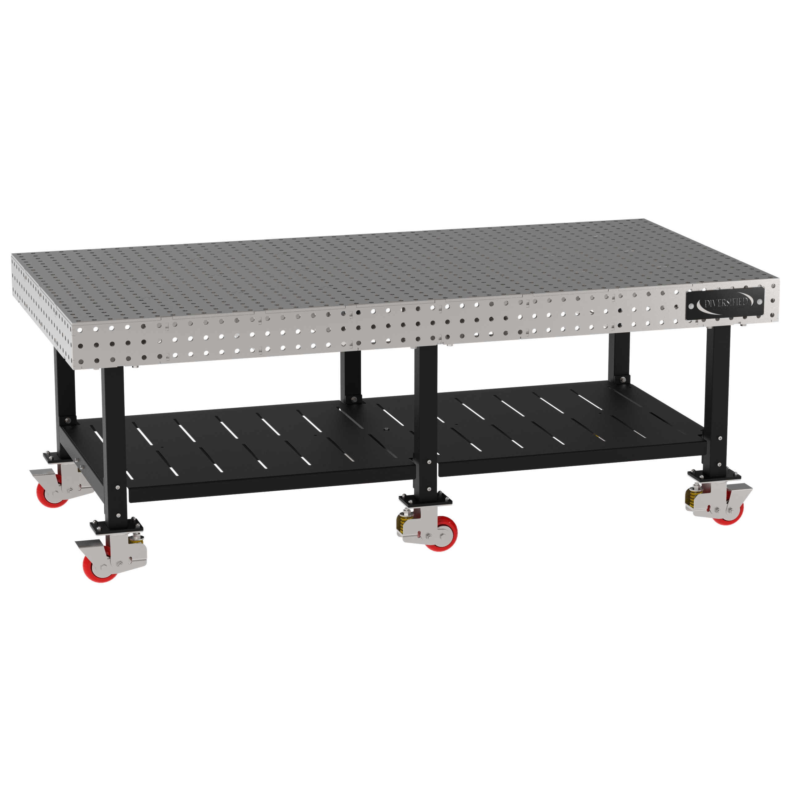 Welding Fixture Table, Fixed Height, 36"H x 96"L x 48"D, 1/4" Carbon Steel Top, Six Black Powdercoat Legs, Shelf, 6 Heavy Duty Suspension Casters (4 Locking/Swiveling Casters and 2 Non-Locking/Non-SwivelingCasters)
