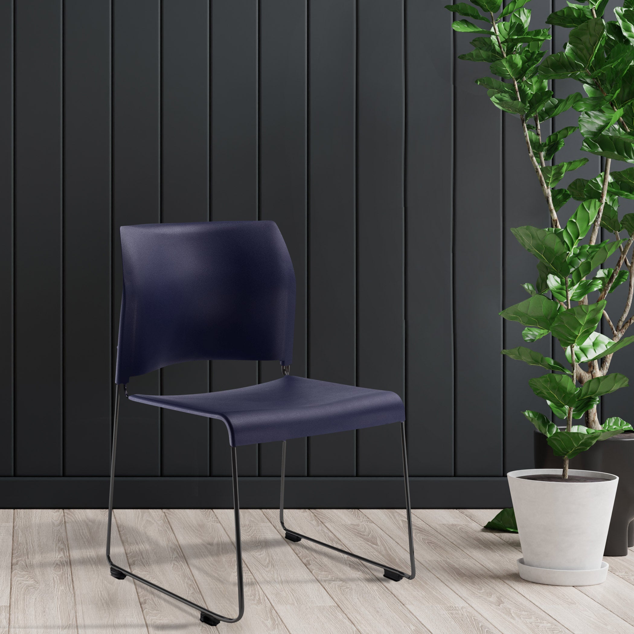 NPS® 8700 Series Cafetorium Plush Vinyl Stack Chair, Surface Color: Blue Vinyl, Frame Color: Black